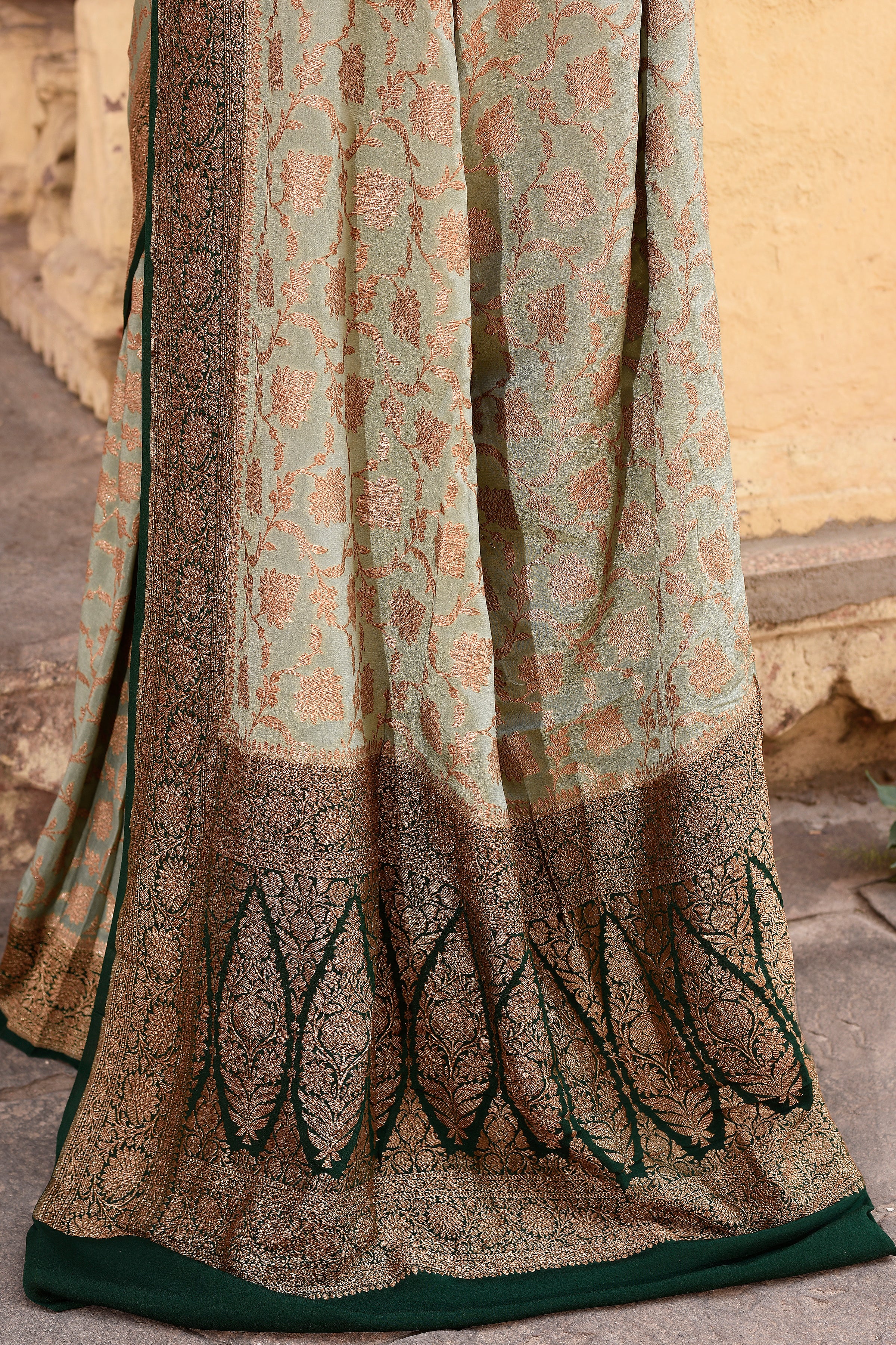 Light Olive Green Banarasi Crape Chiffon Silk Saree