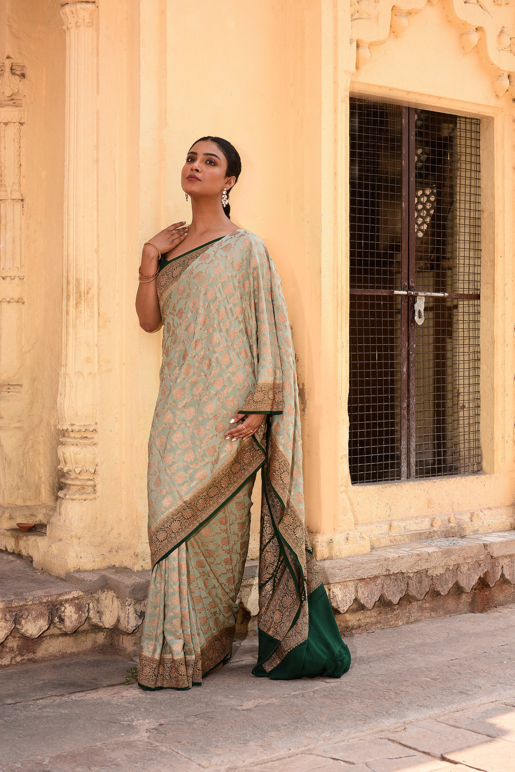 Light Olive Green Banarasi Crape Chiffon Silk Saree