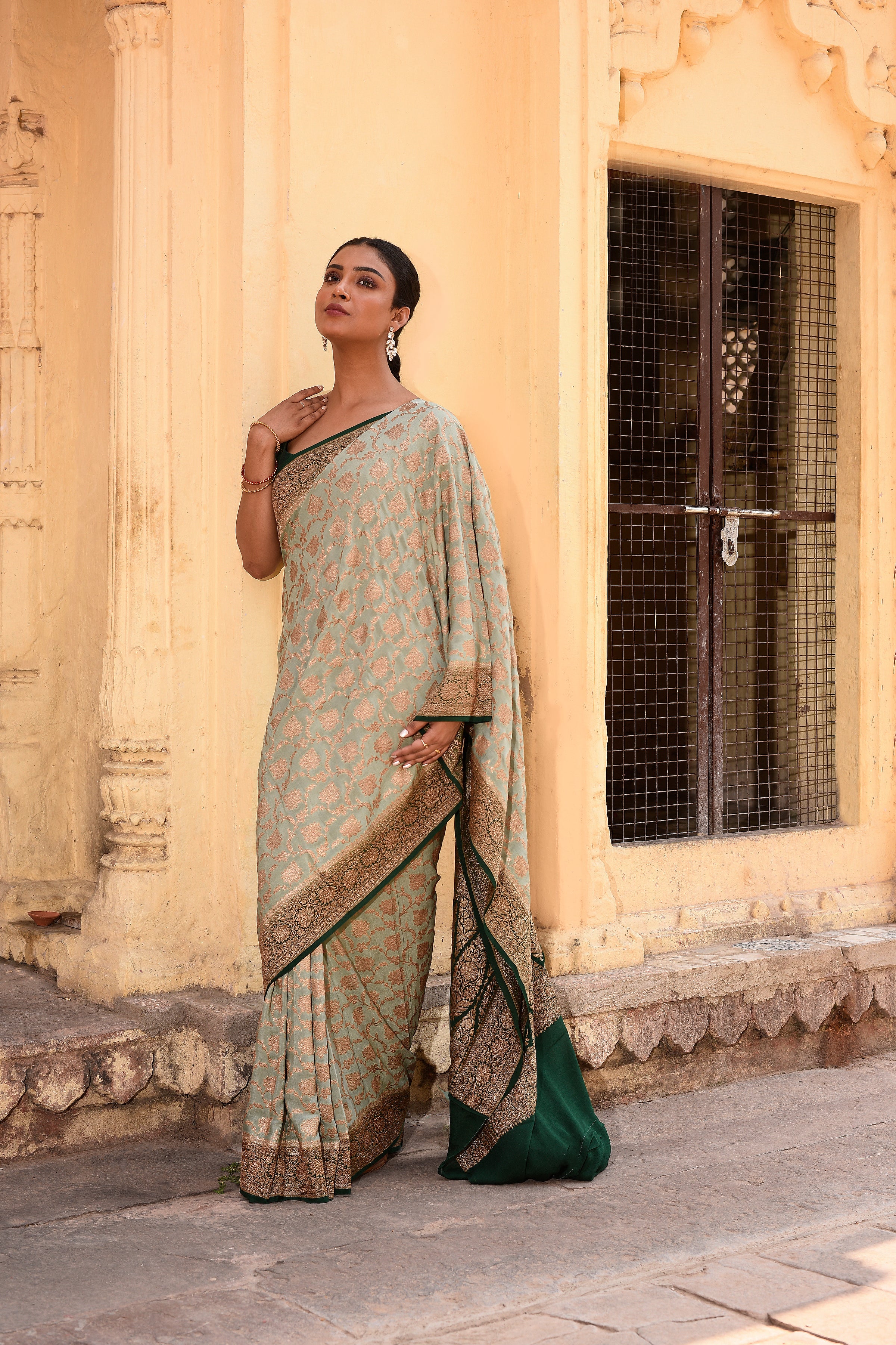 Light Olive Green Banarasi Crape Chiffon Silk Saree