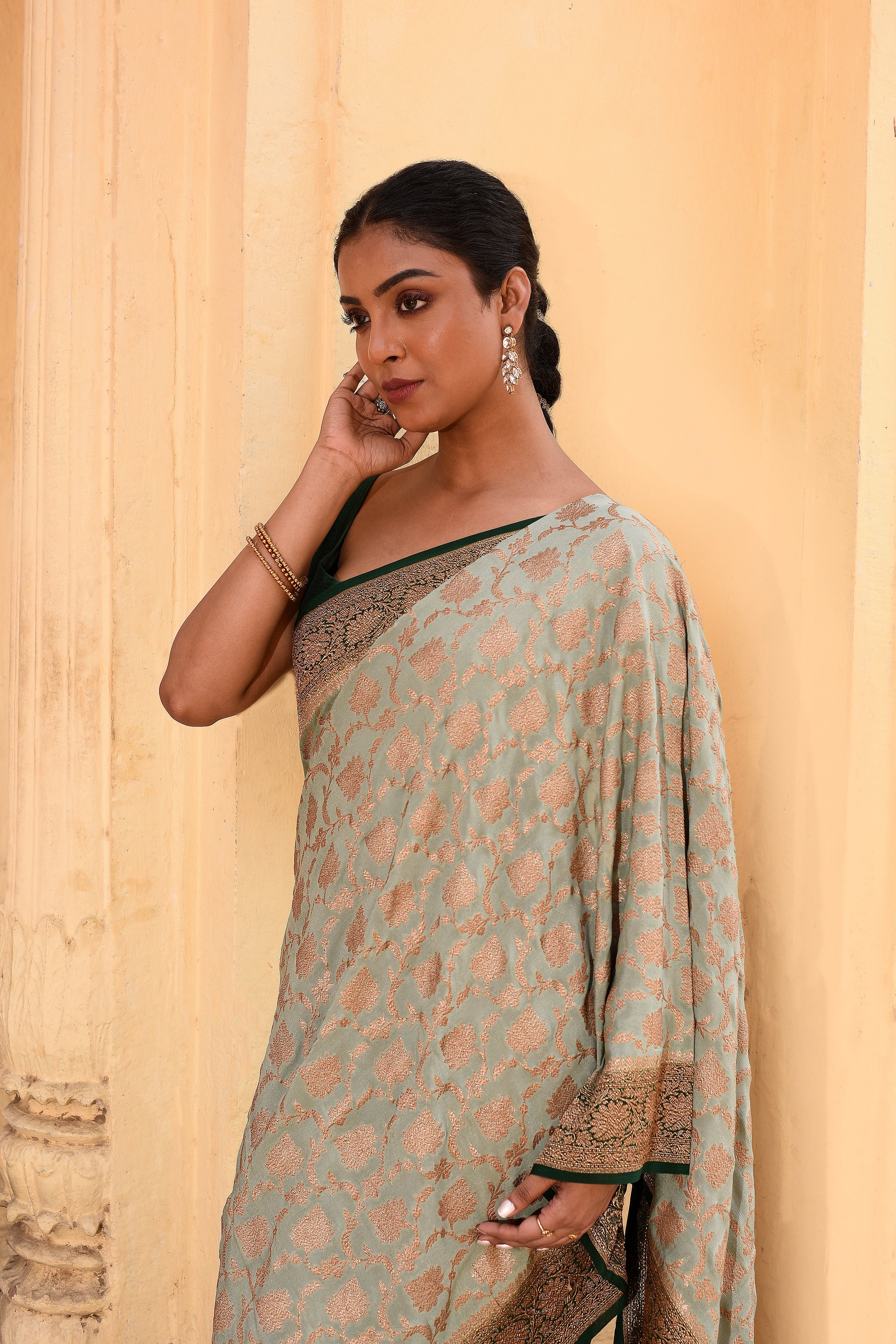 Light Olive Green Banarasi Crape Chiffon Silk Saree