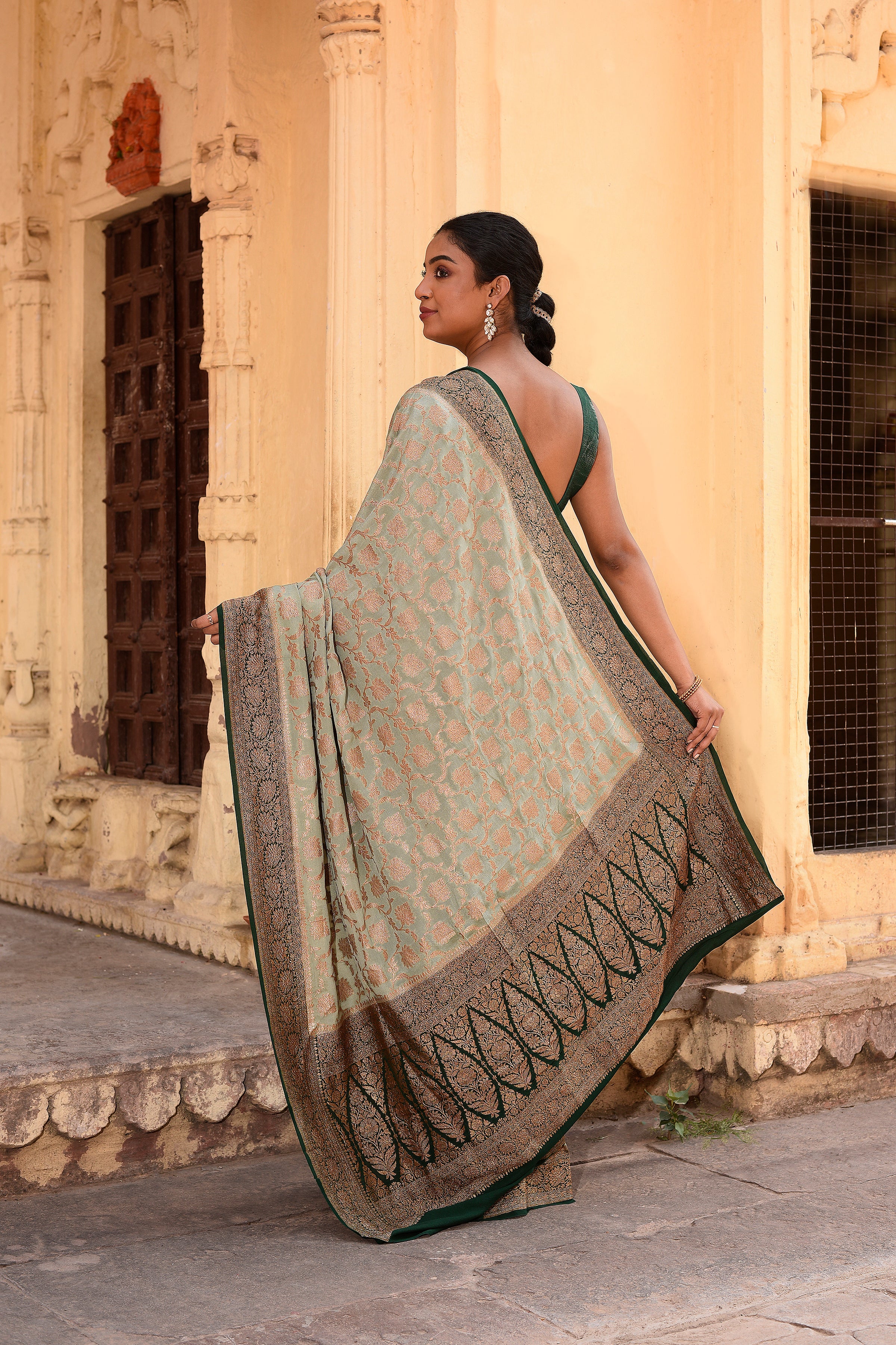 Light Olive Green Banarasi Crape Chiffon Silk Saree
