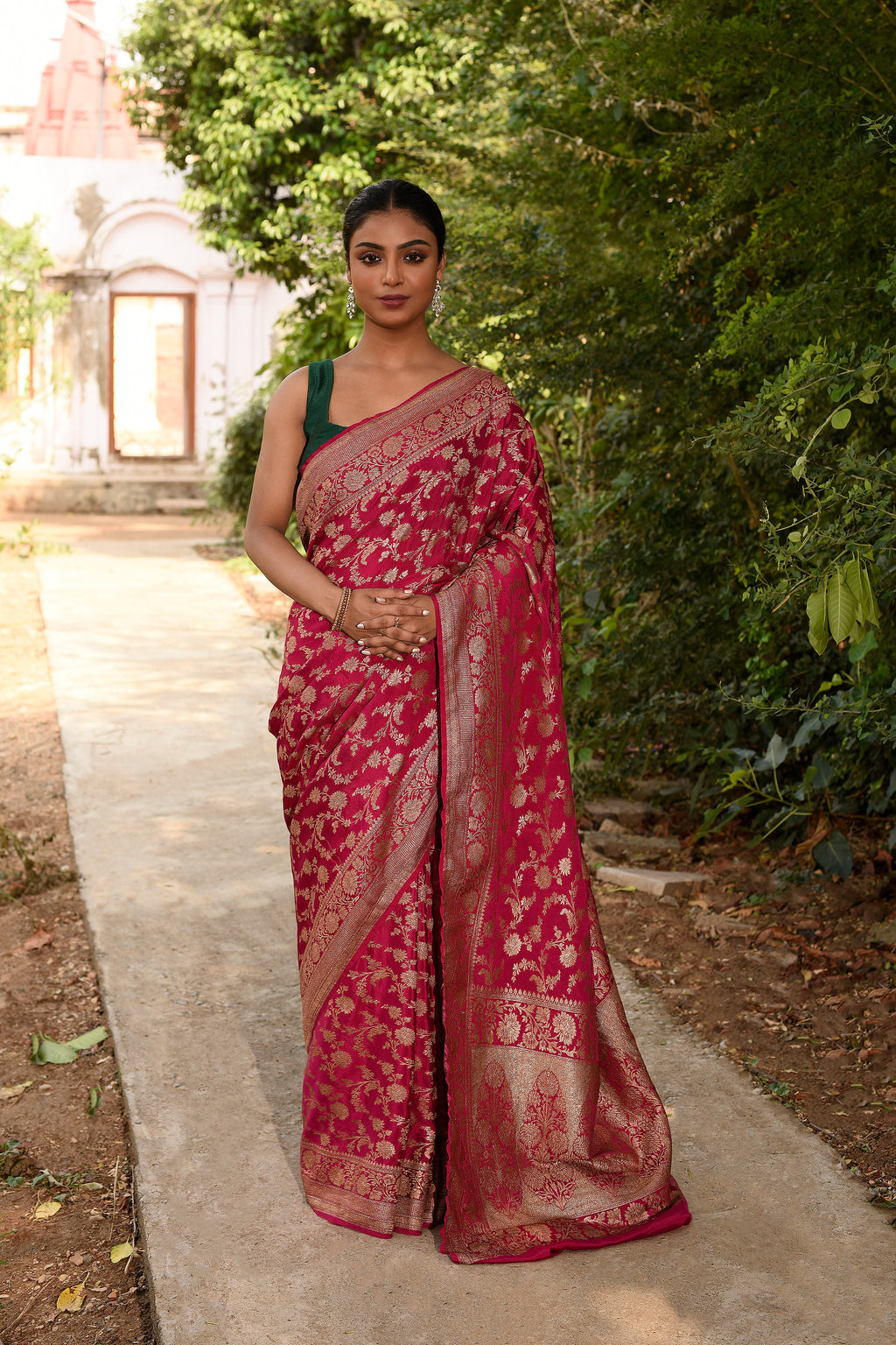 Hot Pink Banarasi Crape Chiffon Silk Saree