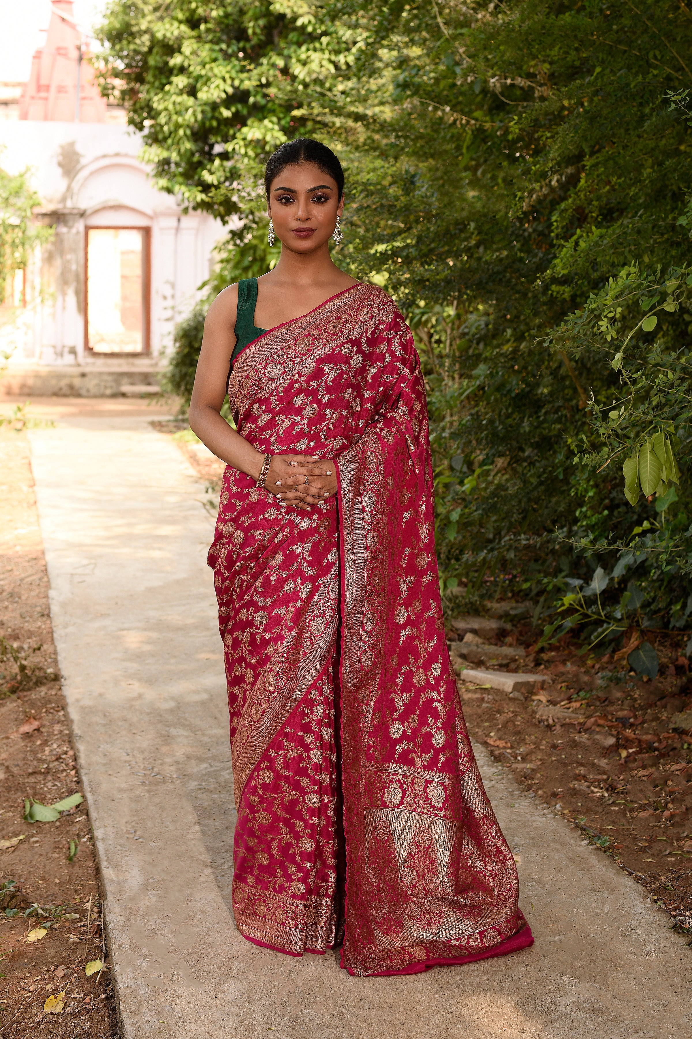 Hot Pink Banarasi Crape Chiffon Silk Saree