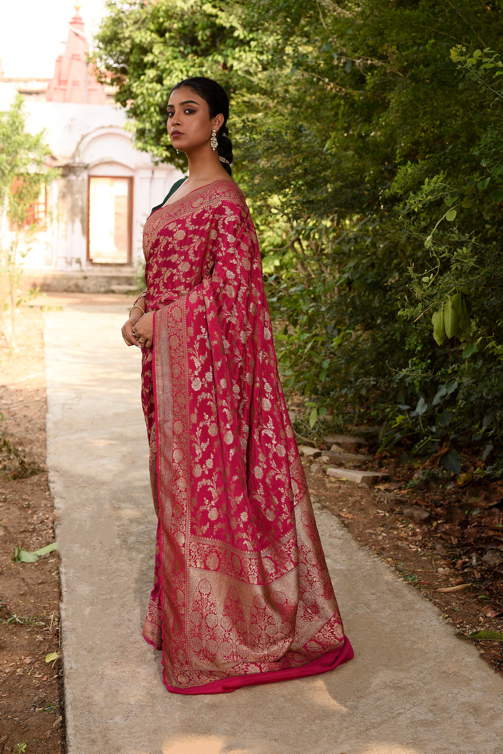 Hot Pink Banarasi Crape Chiffon Silk Saree
