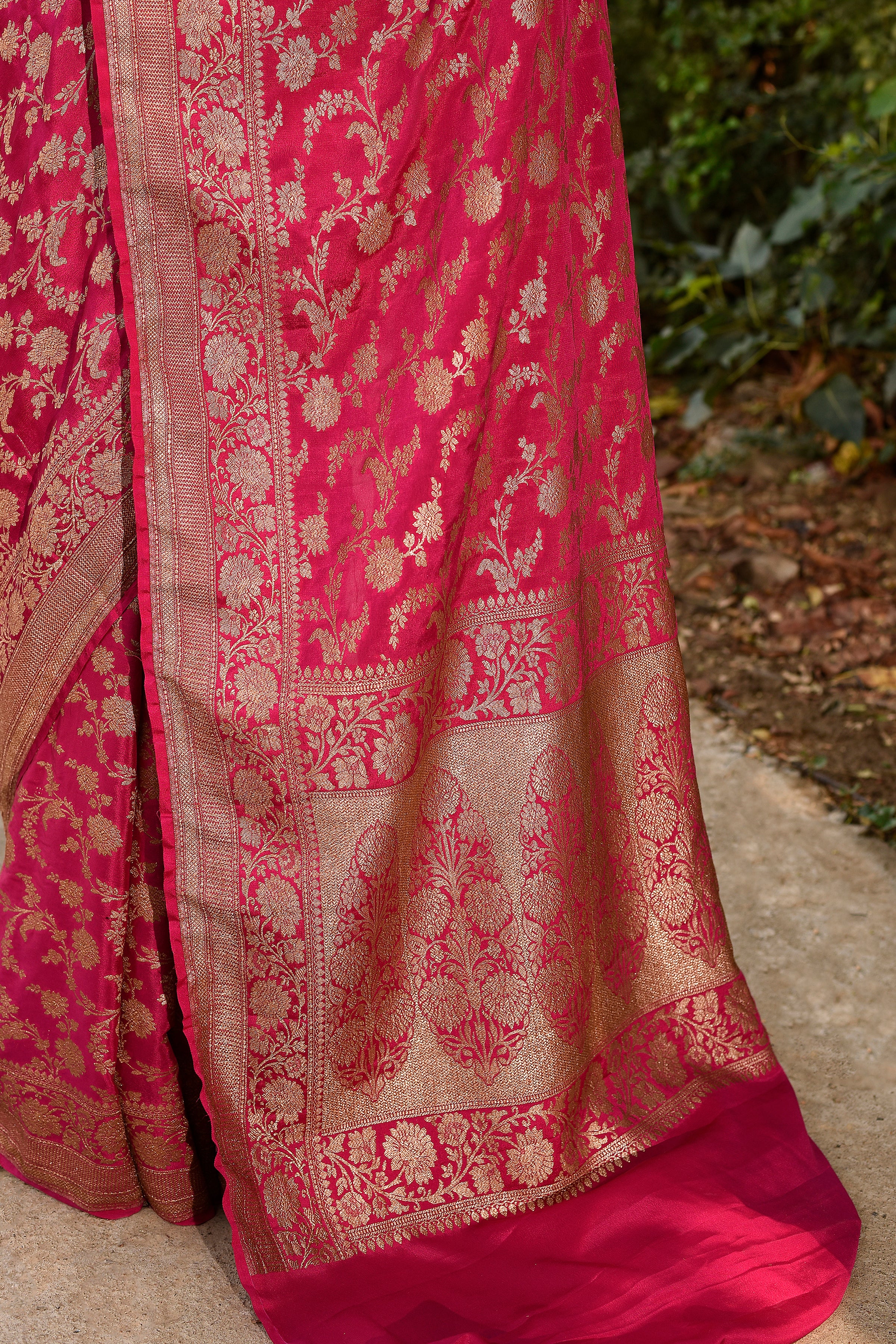 Hot Pink Banarasi Crape Chiffon Silk Saree