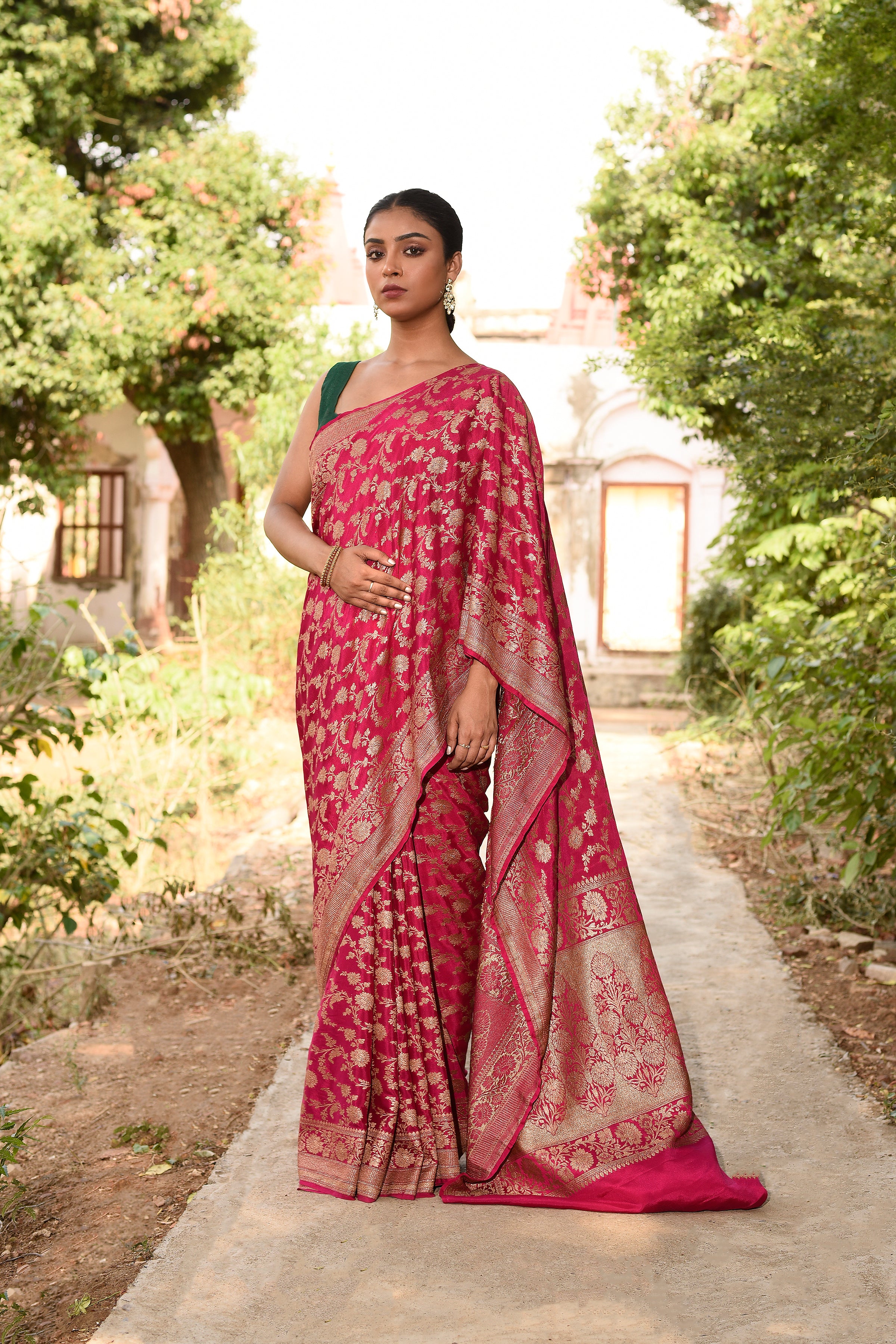 Hot Pink Banarasi Crape Chiffon Silk Saree