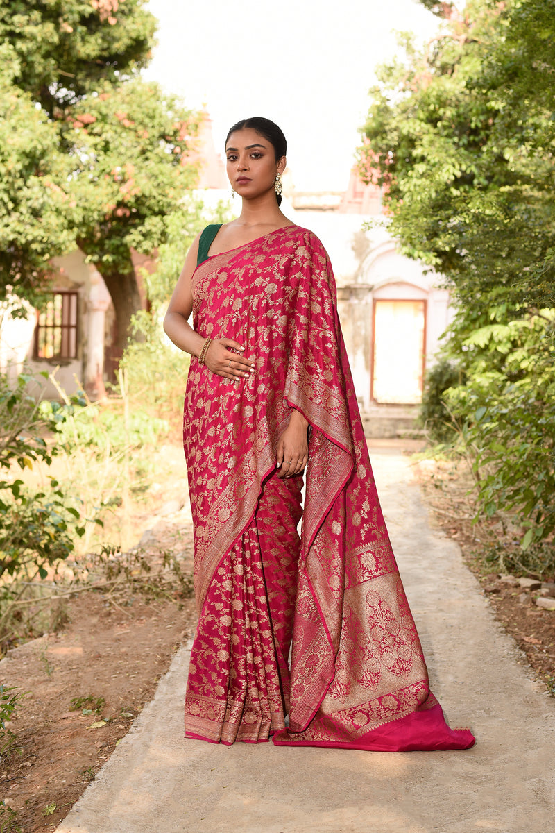 Hot Pink Banarasi Crape Chiffon Silk Saree