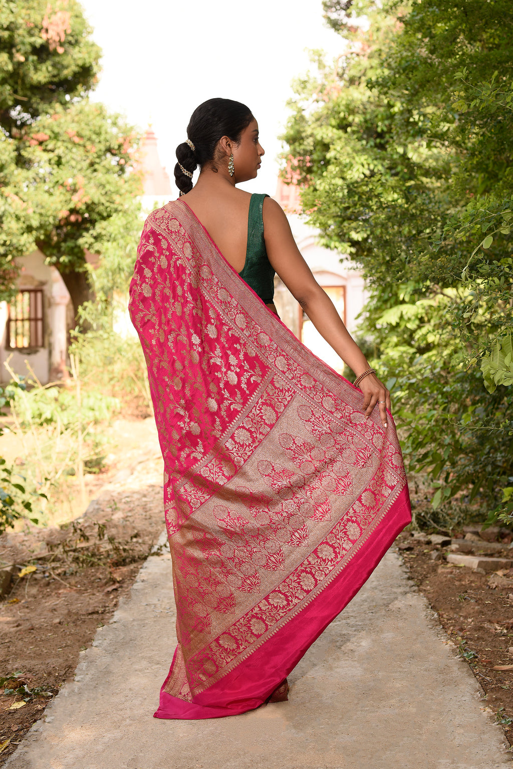 Hot Pink Banarasi Crape Chiffon Silk Saree