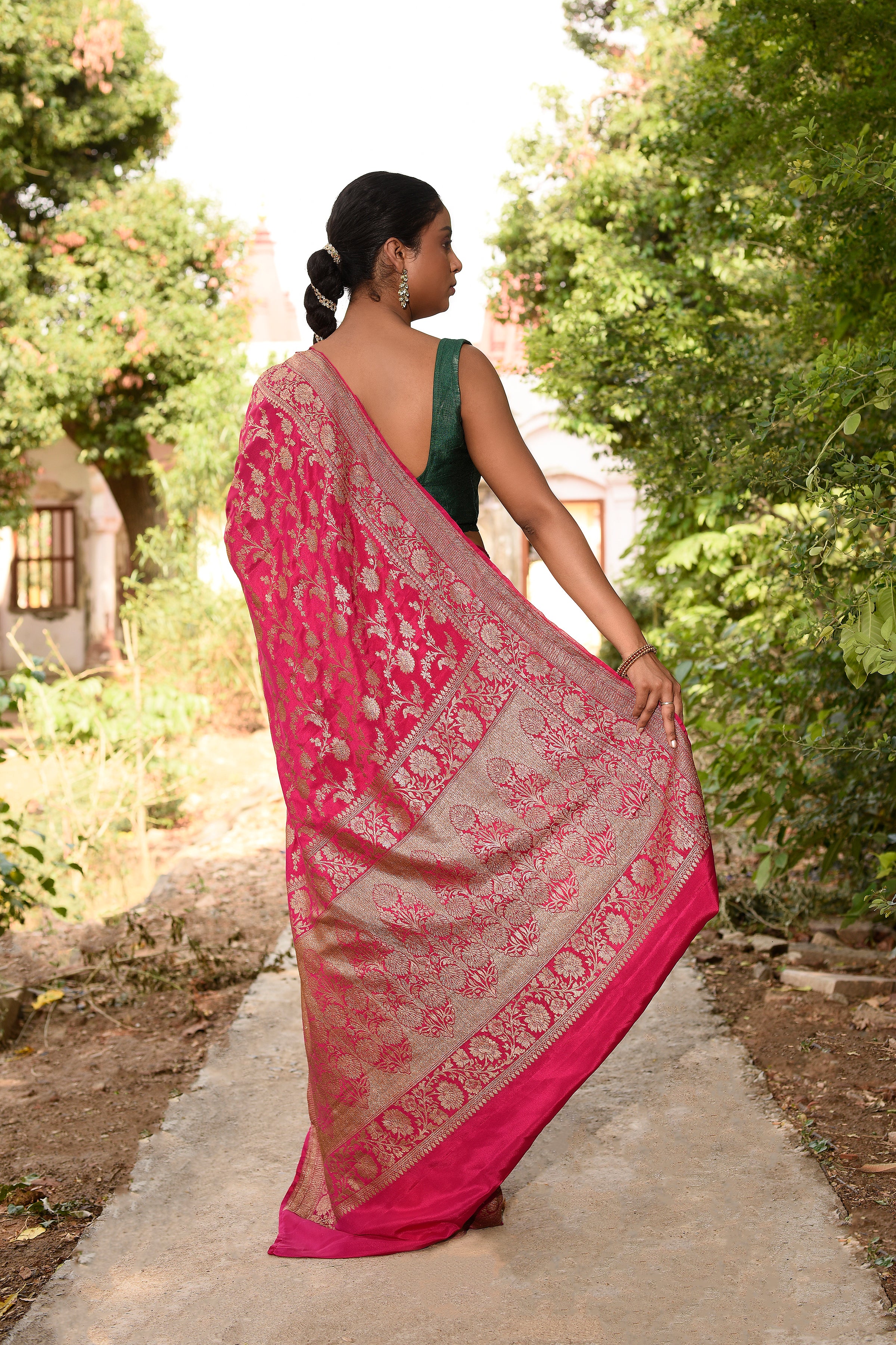 Hot Pink Banarasi Crape Chiffon Silk Saree
