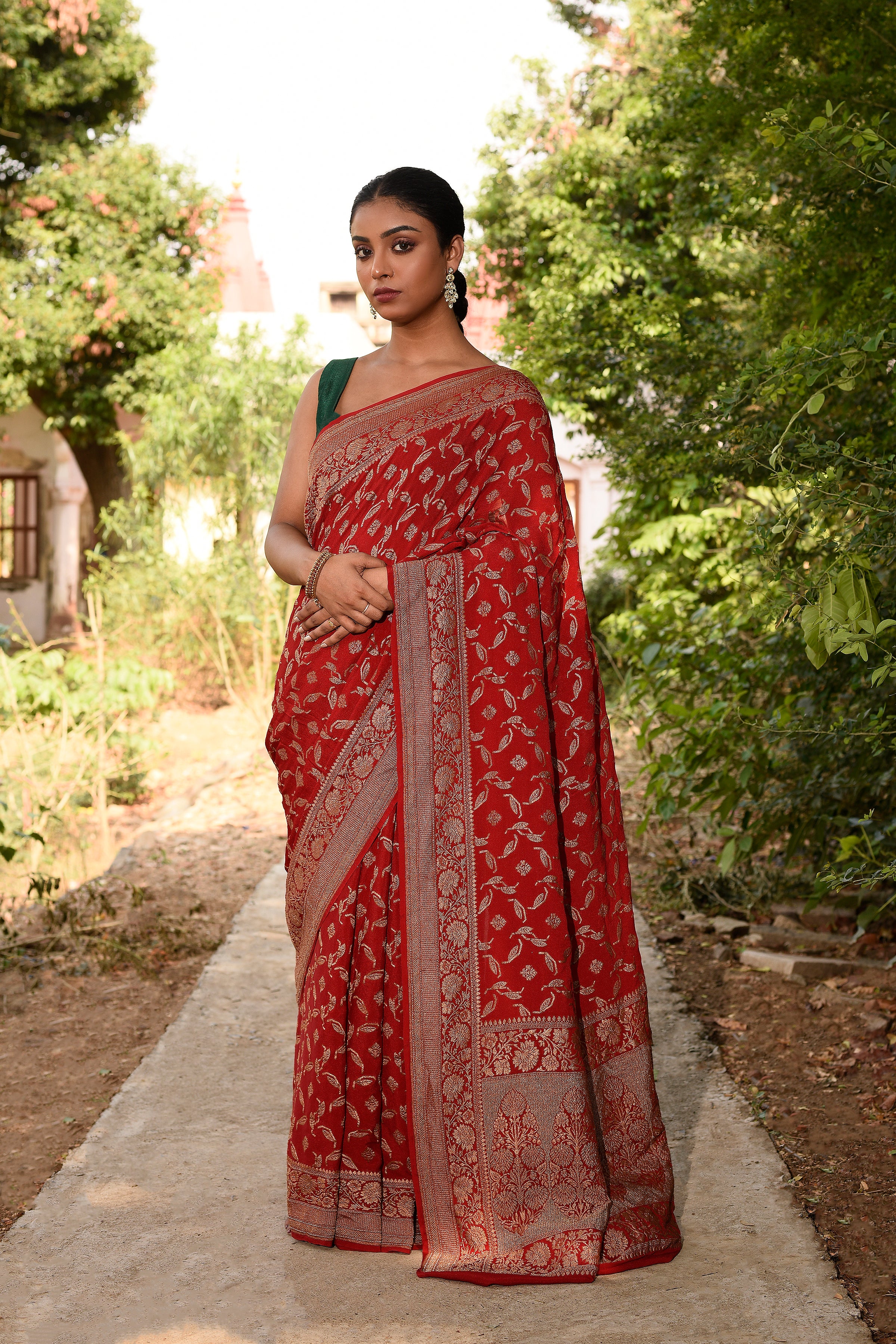 Red Banarasi Crape Chiffon Silk Saree