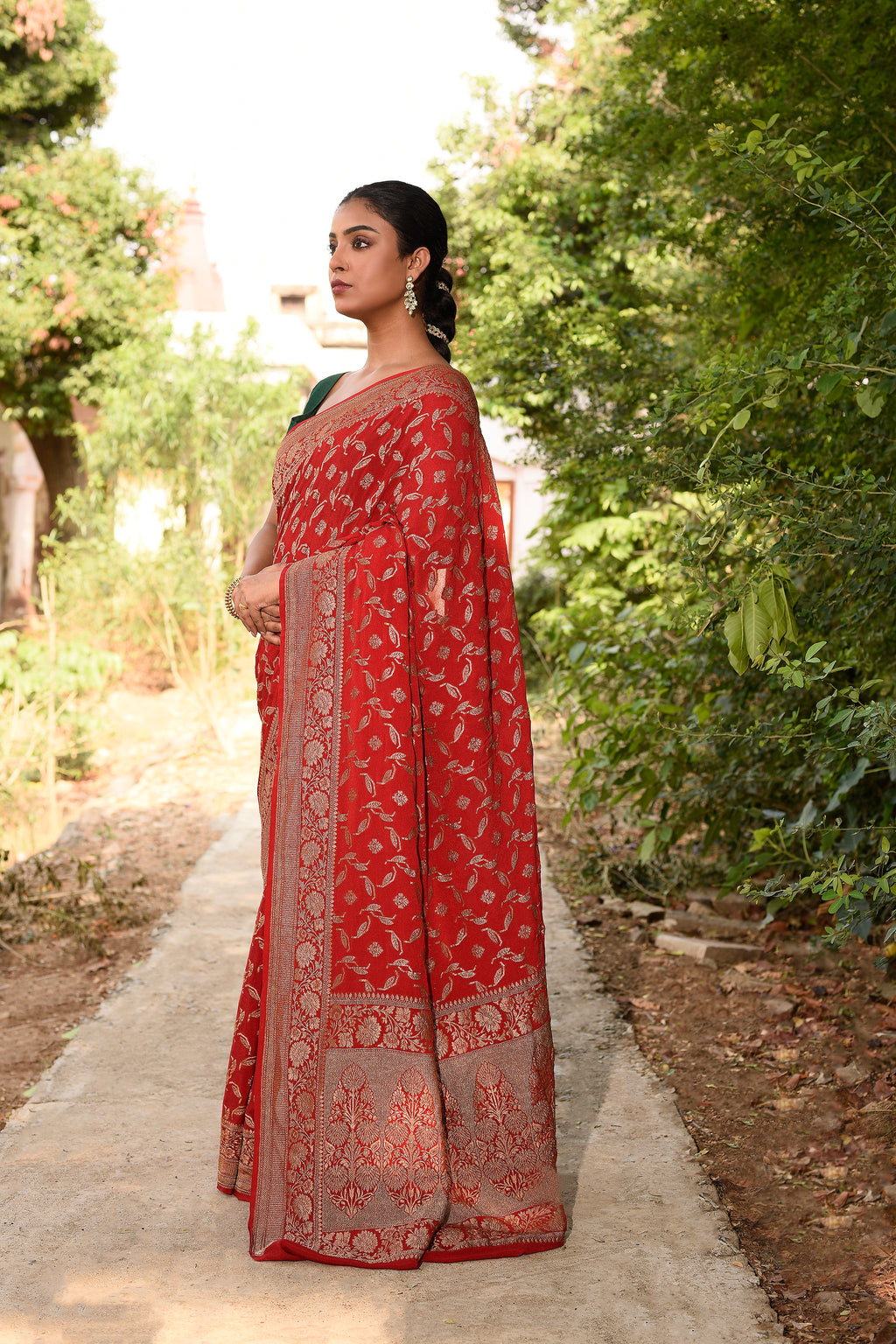 Red Banarasi Crape Chiffon Silk Saree