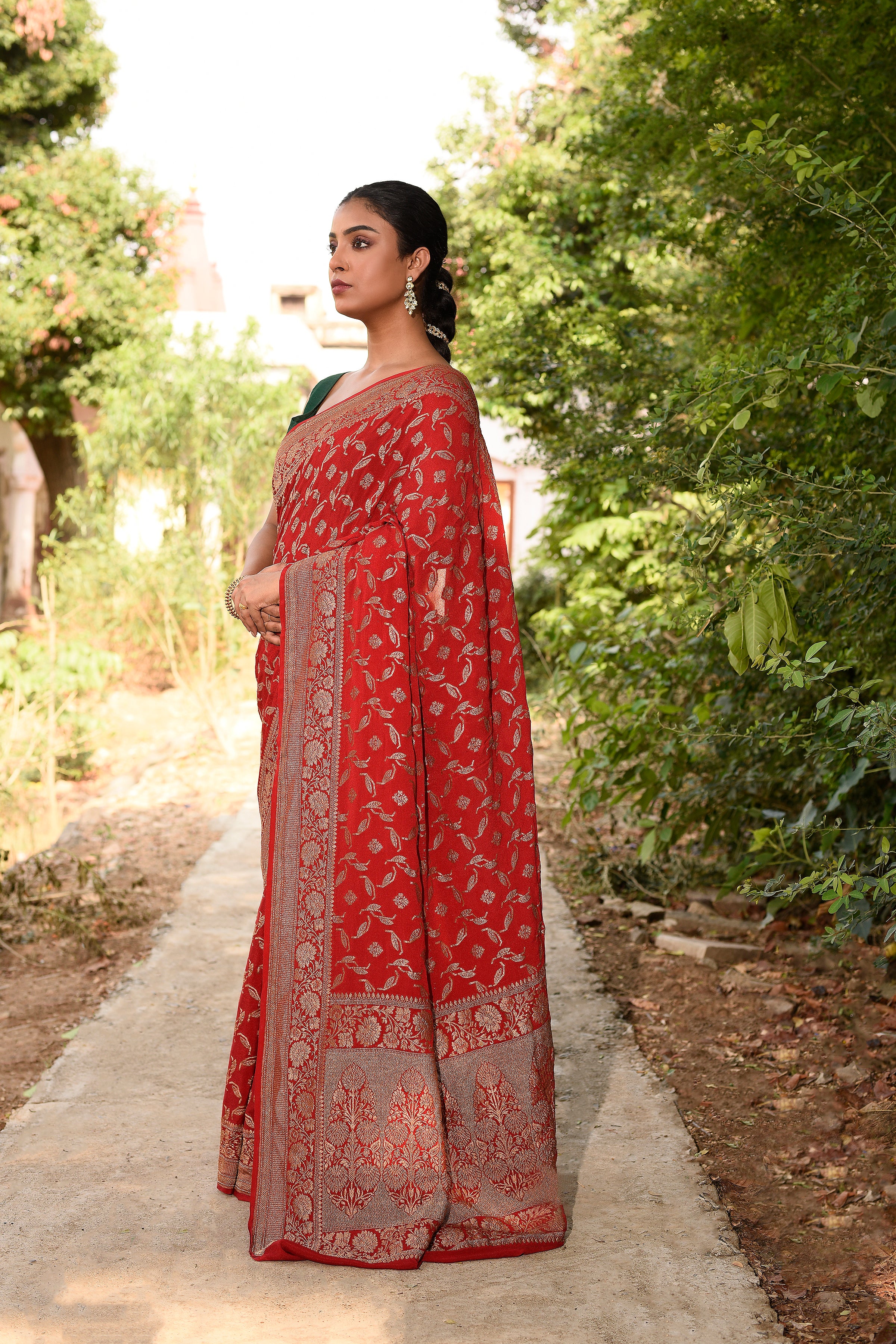 Red Banarasi Crape Chiffon Silk Saree