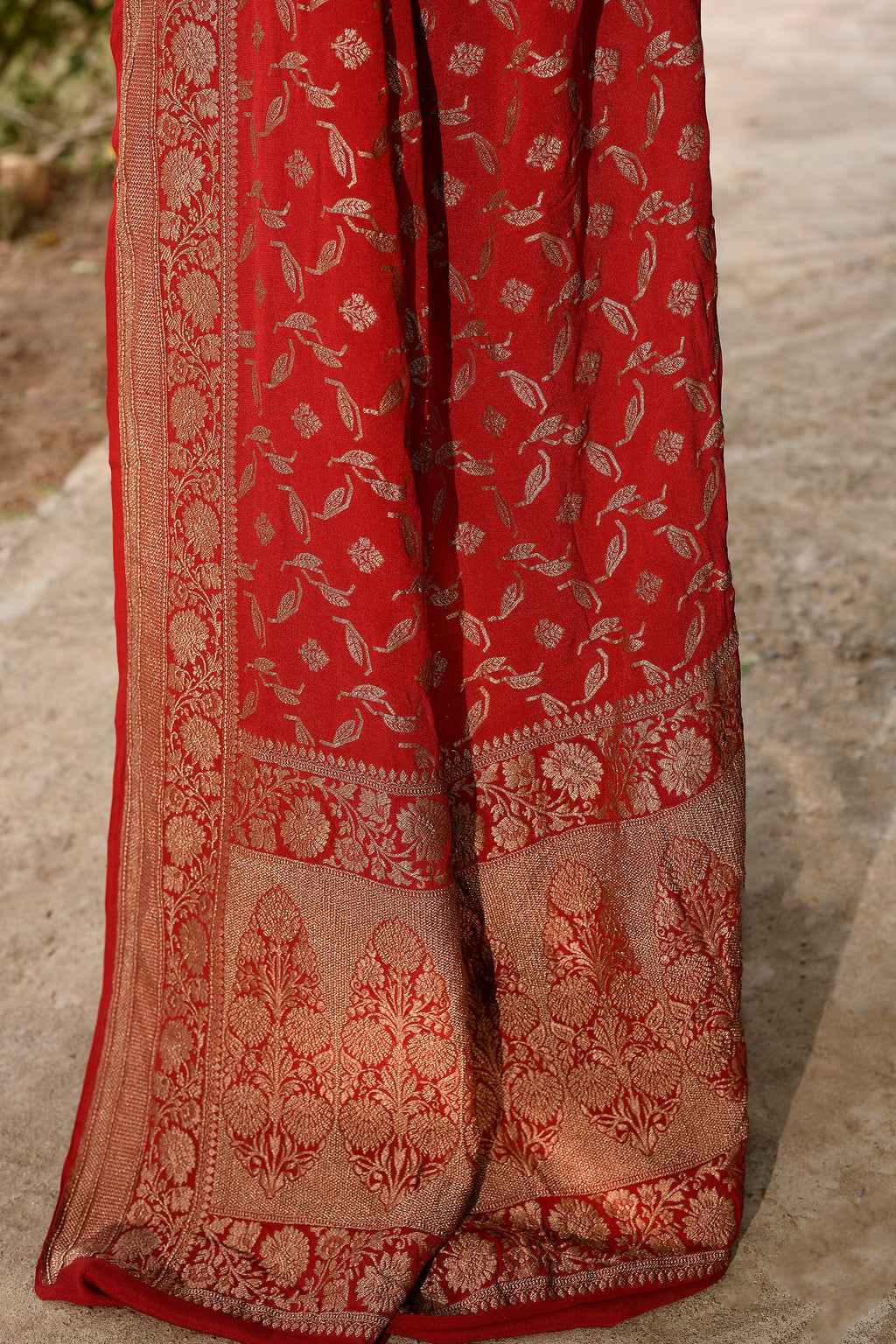 Red Banarasi Crape Chiffon Silk Saree