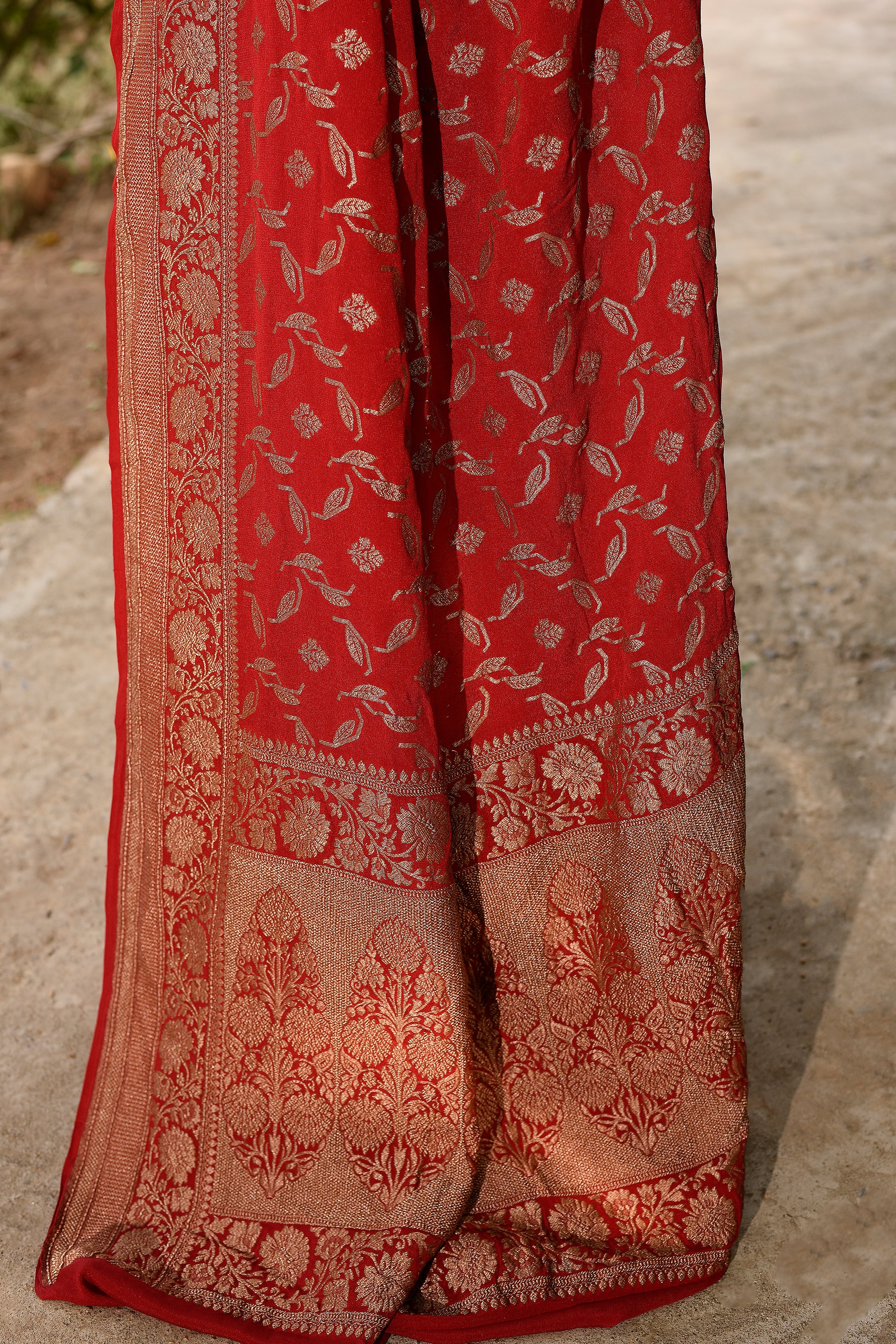 Red Banarasi Crape Chiffon Silk Saree