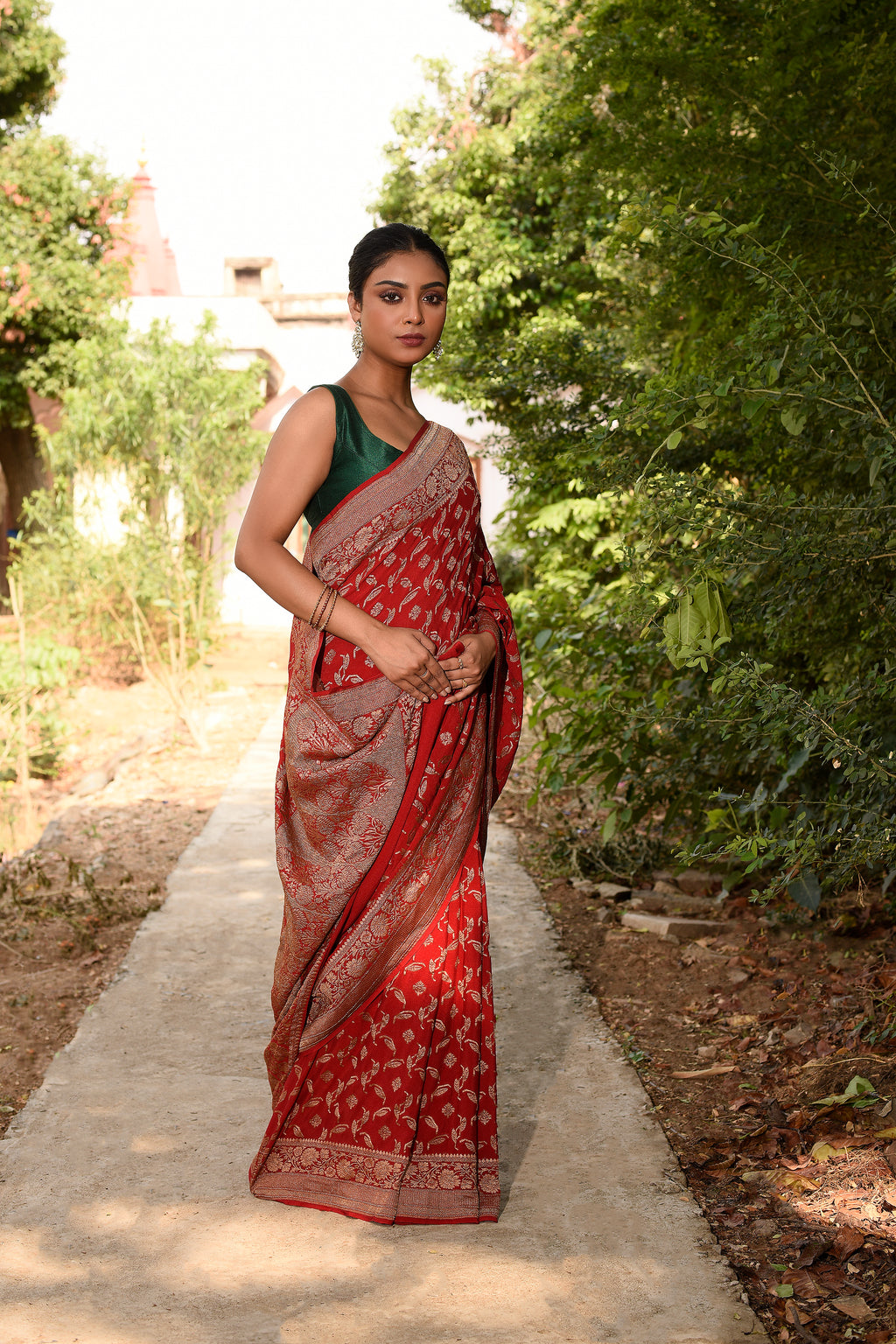 Red Banarasi Crape Chiffon Silk Saree
