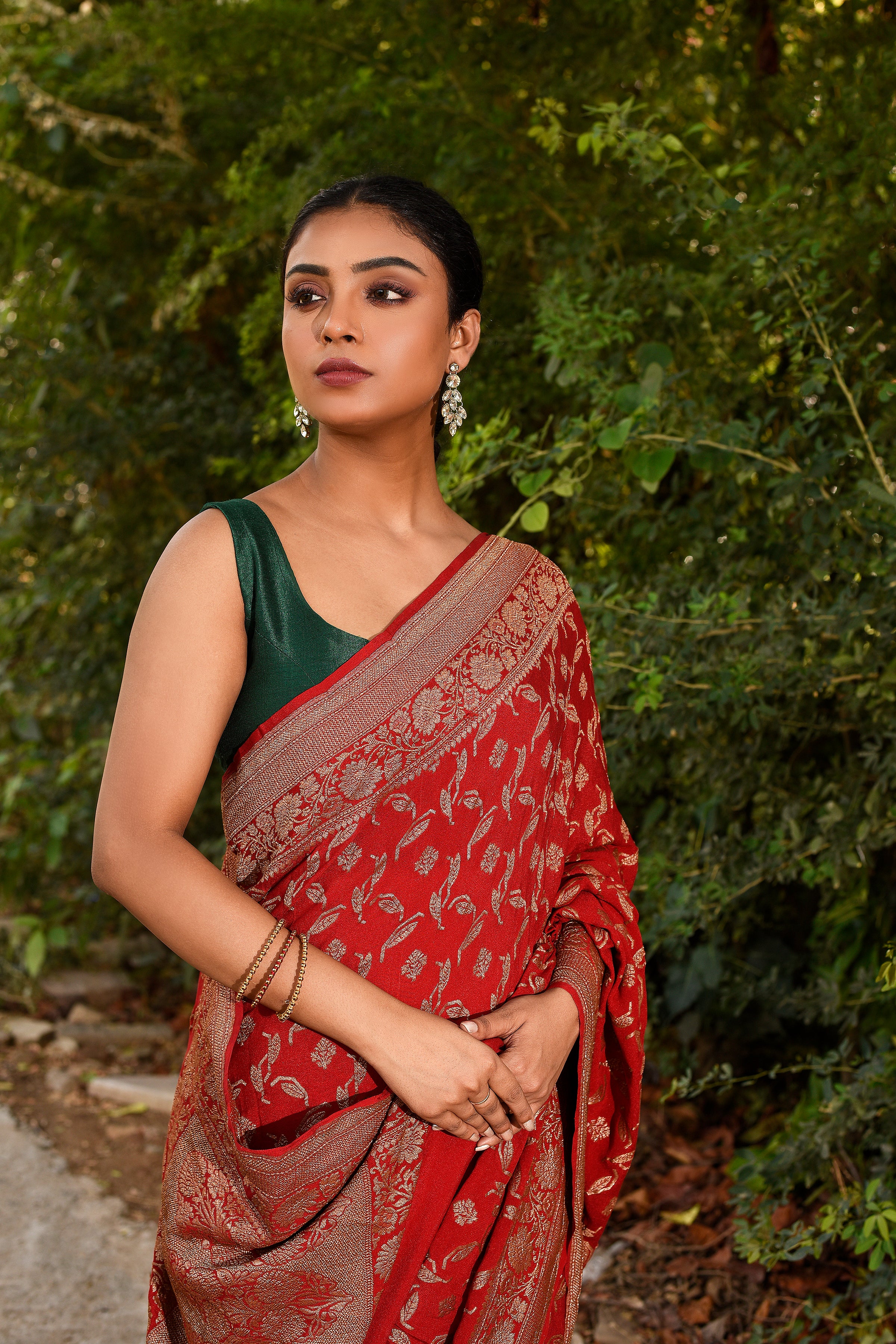 Red Banarasi Crape Chiffon Silk Saree