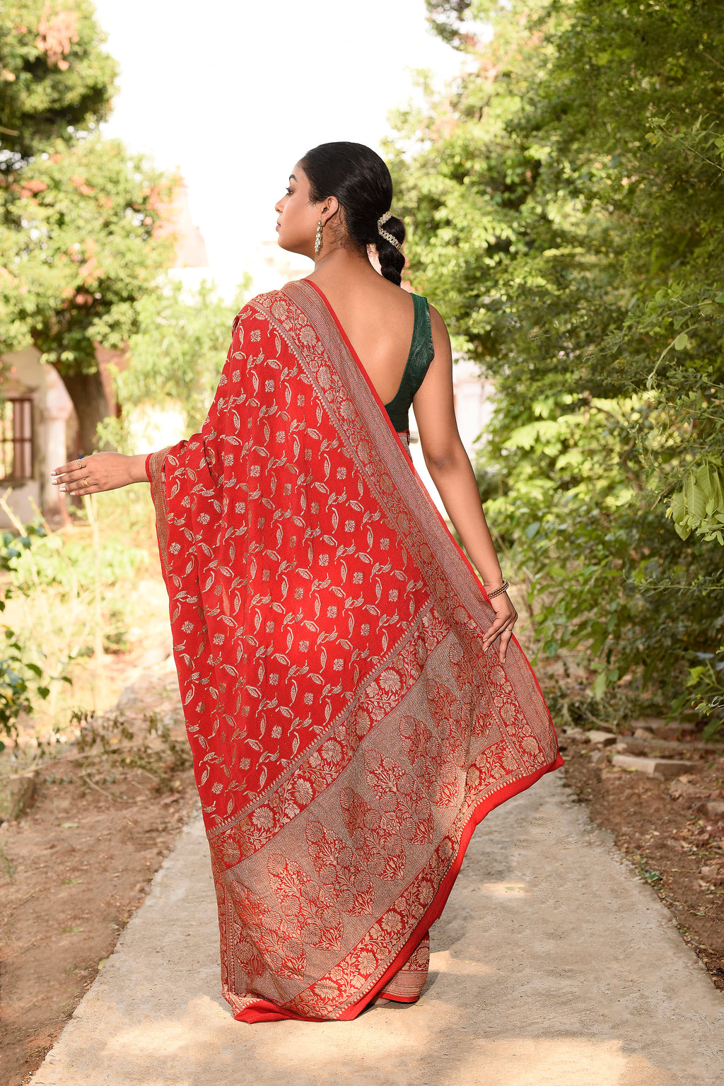 Red Banarasi Crape Chiffon Silk Saree