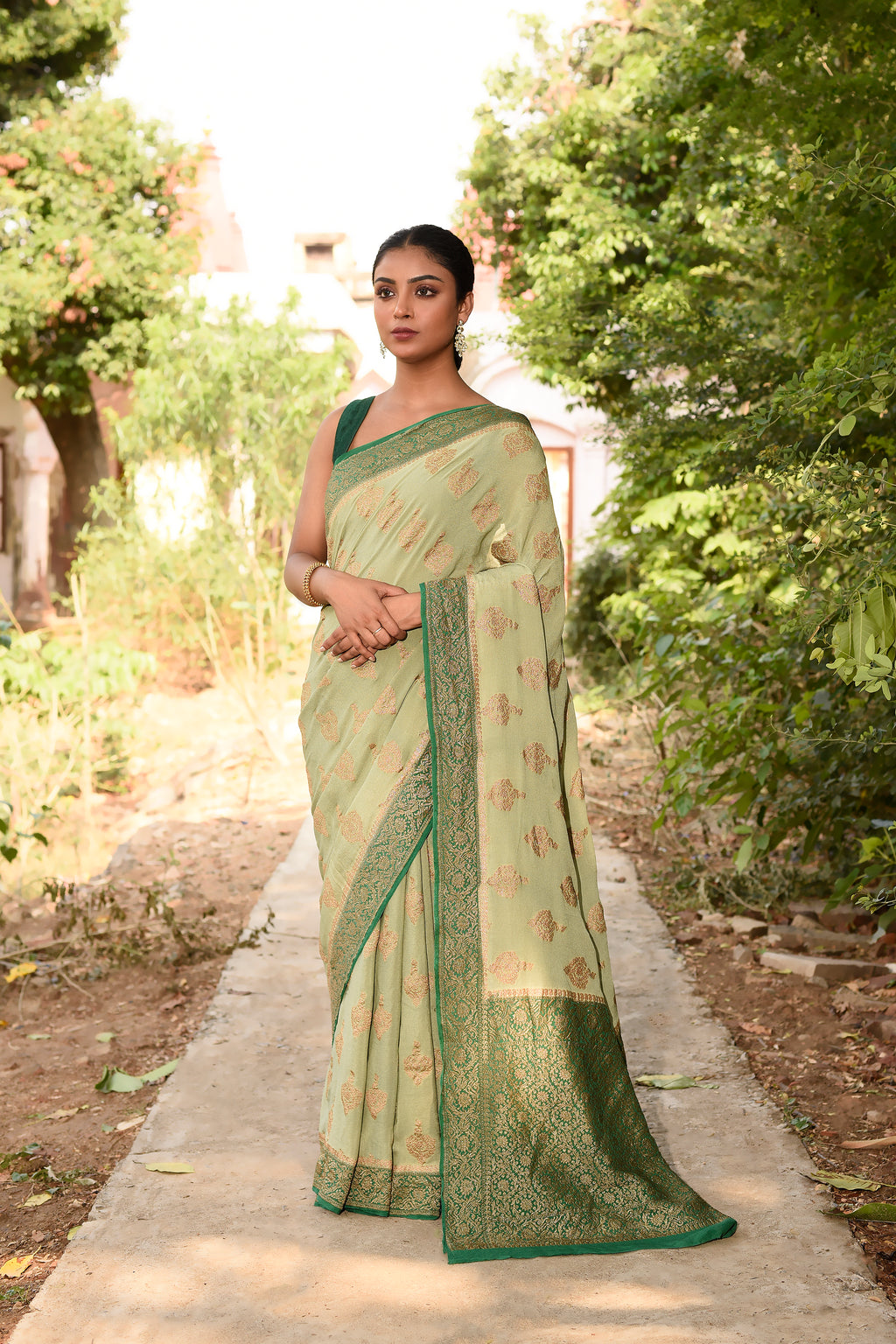 Pista Green  Banarasi Crape Chiffon Silk Saree