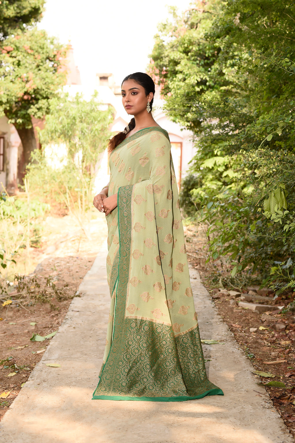 Pista Green  Banarasi Crape Chiffon Silk Saree