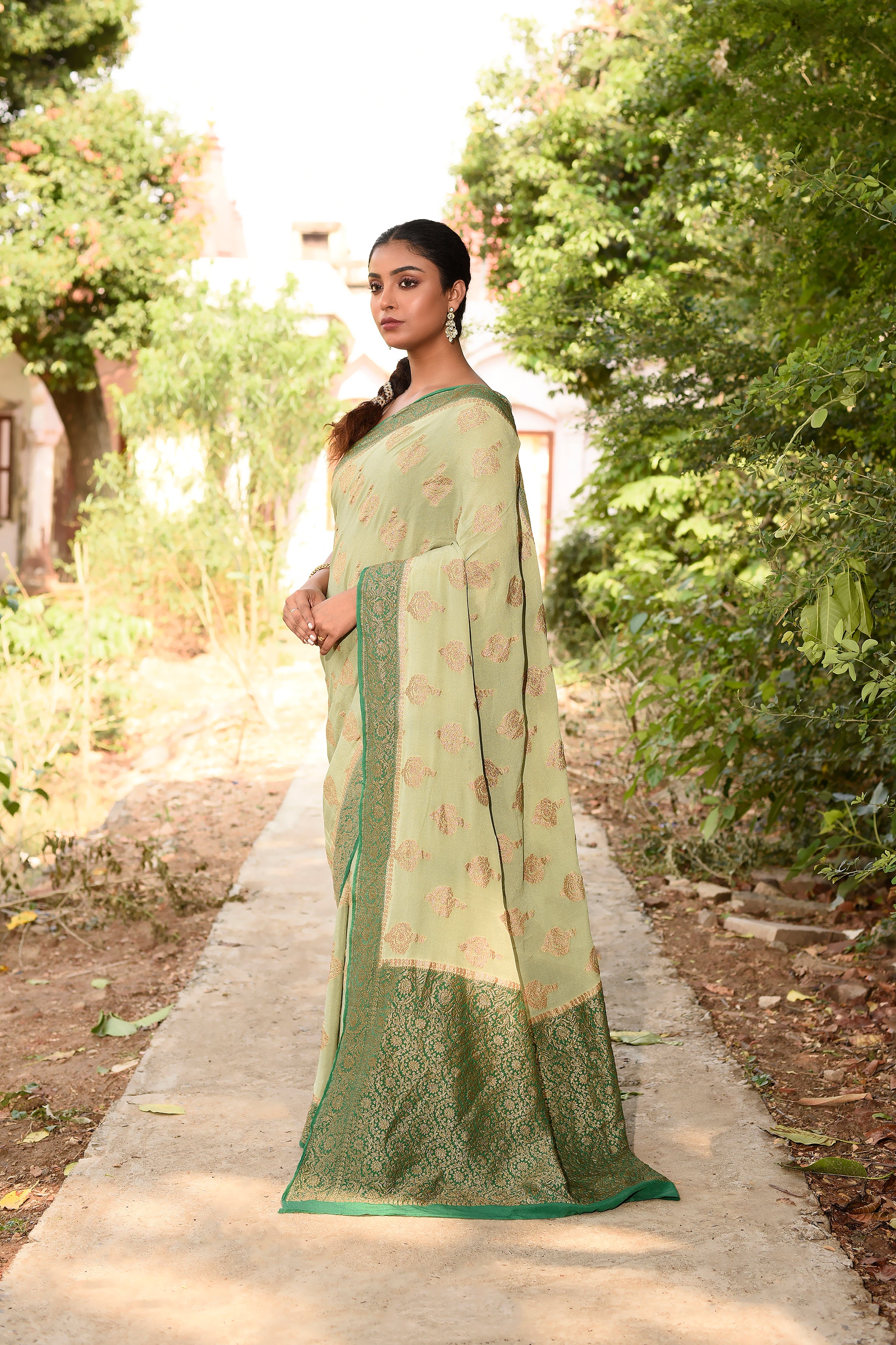 Pista Green  Banarasi Crape Chiffon Silk Saree