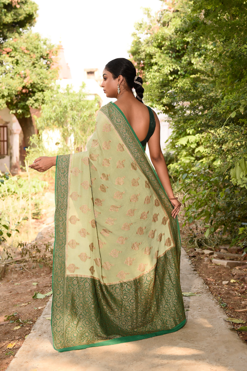 Pista Green  Banarasi Crape Chiffon Silk Saree