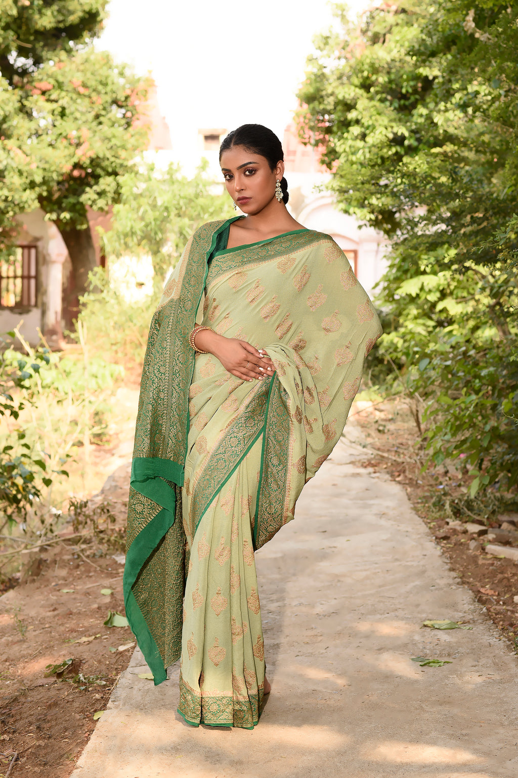 Pista Green  Banarasi Crape Chiffon Silk Saree