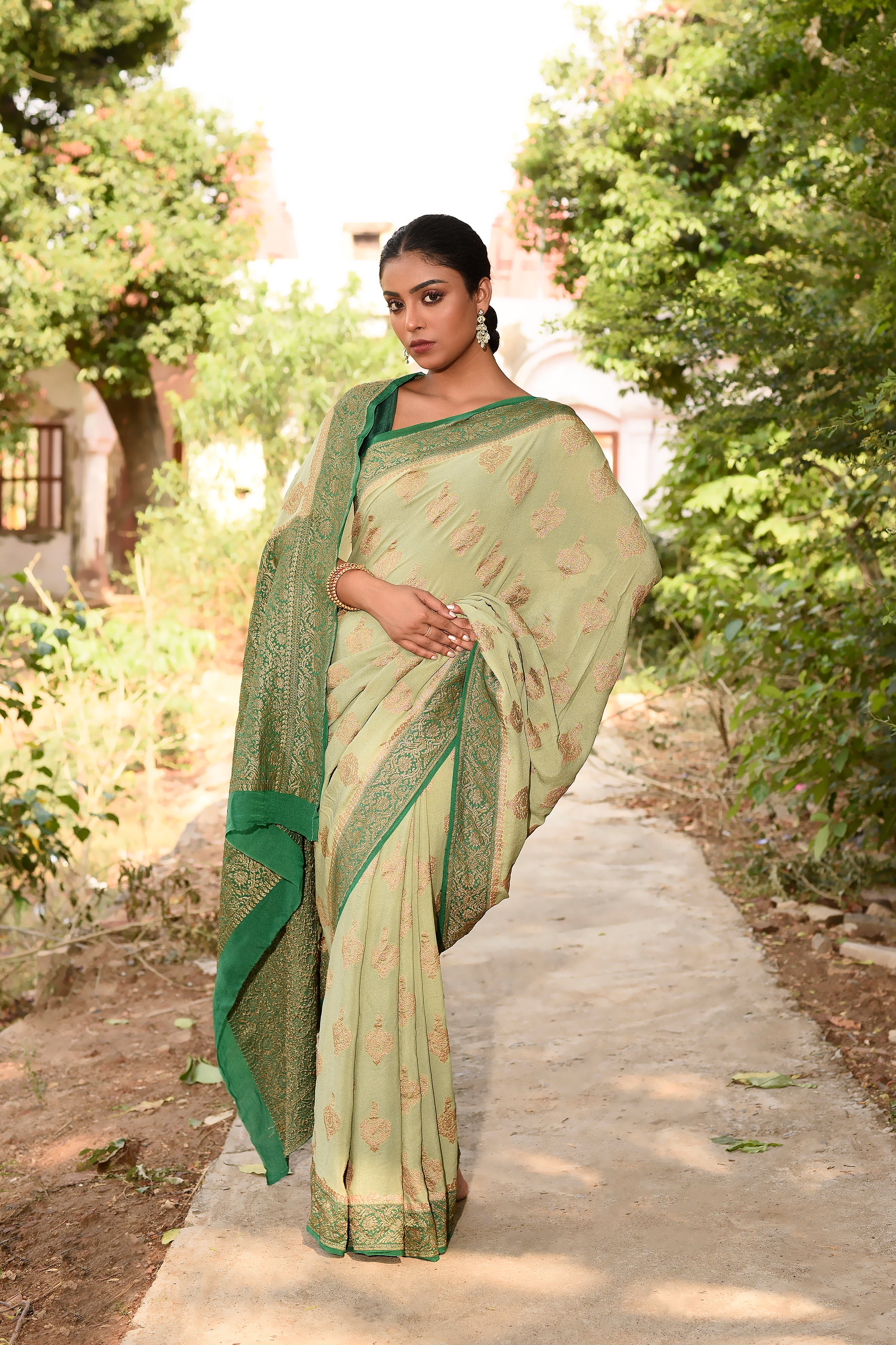 Pista Green  Banarasi Crape Chiffon Silk Saree