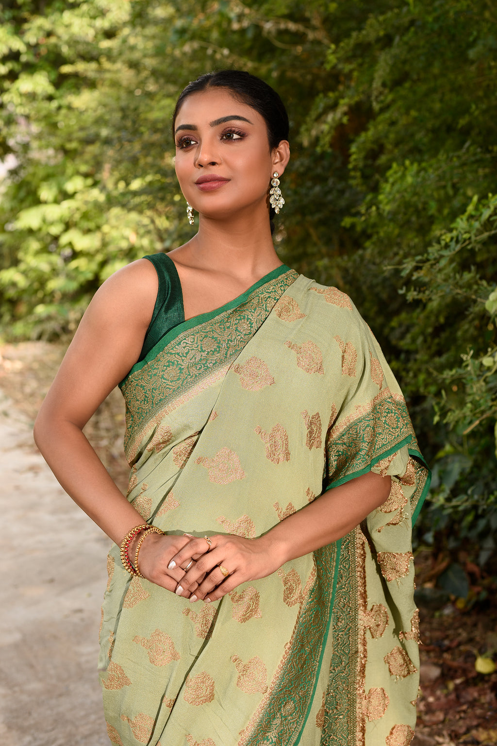 Pista Green  Banarasi Crape Chiffon Silk Saree