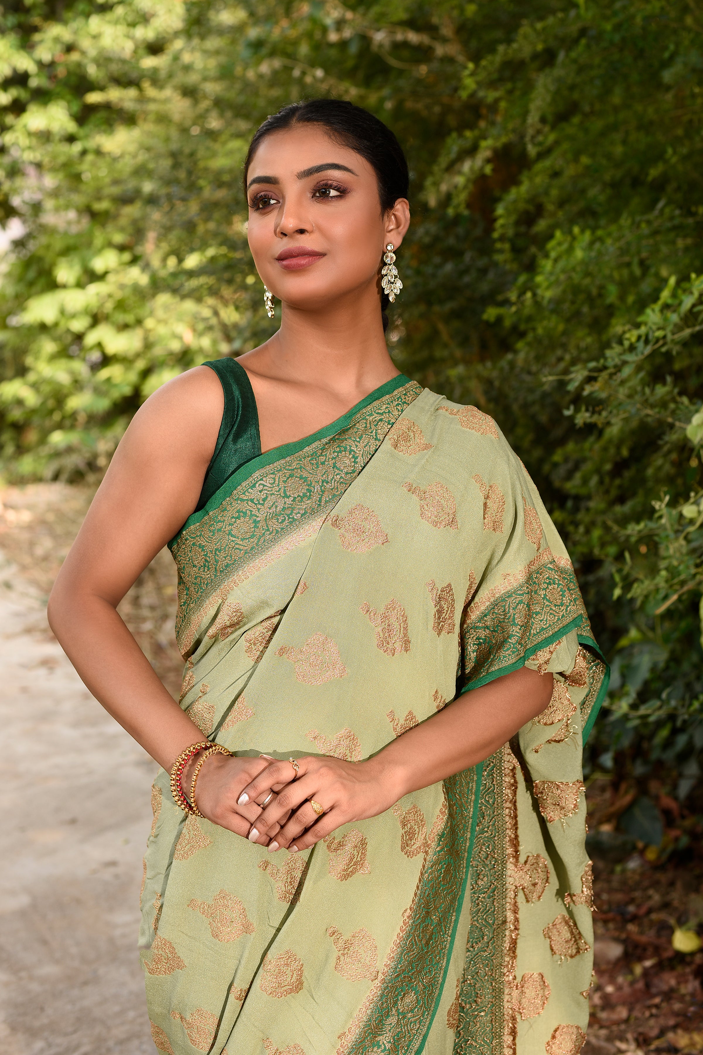 Pista Green  Banarasi Crape Chiffon Silk Saree