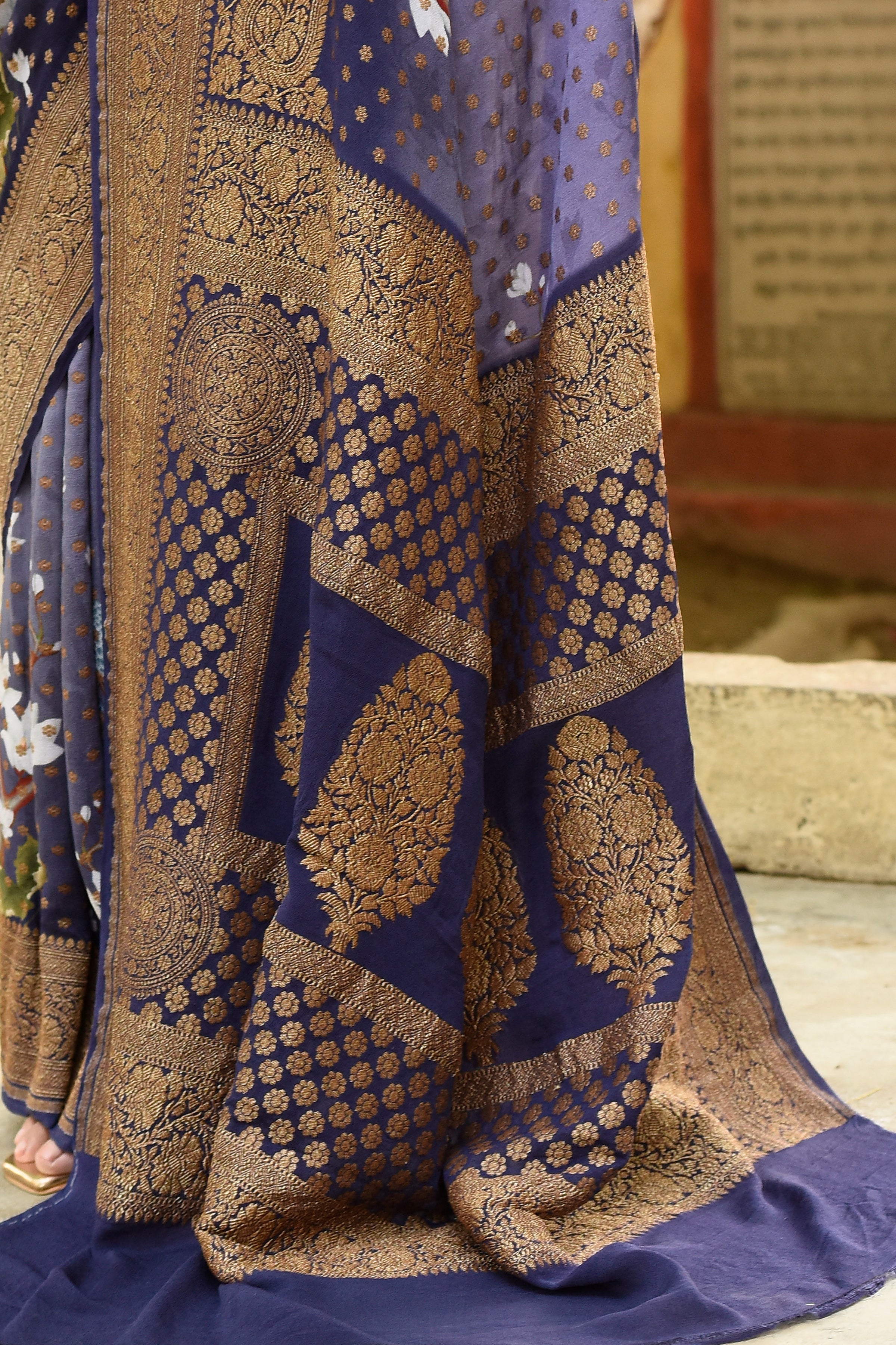 Navy Blue Banarasi Crape Chiffon Silk Saree