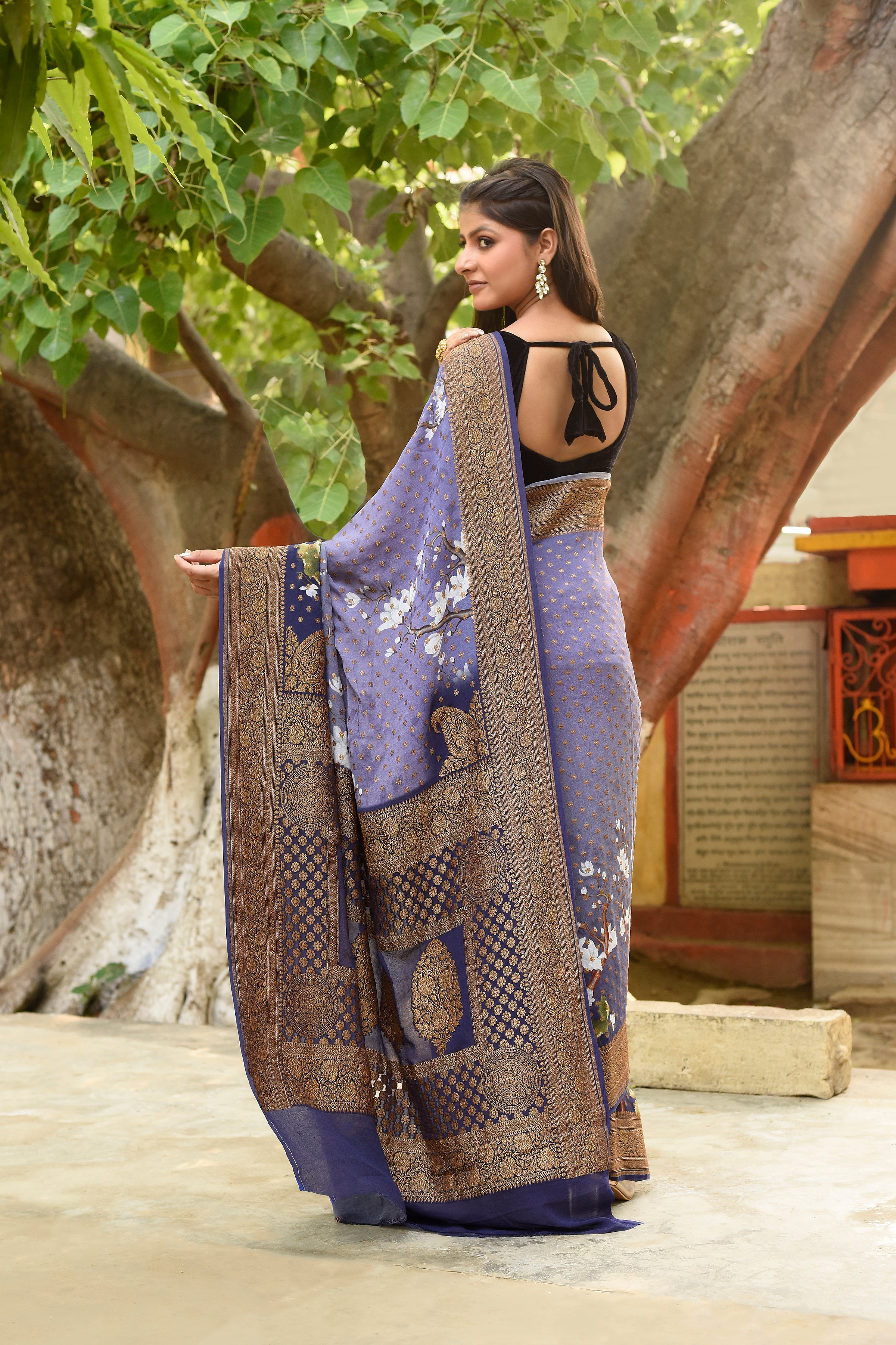 Navy Blue Banarasi Crape Chiffon Silk Saree