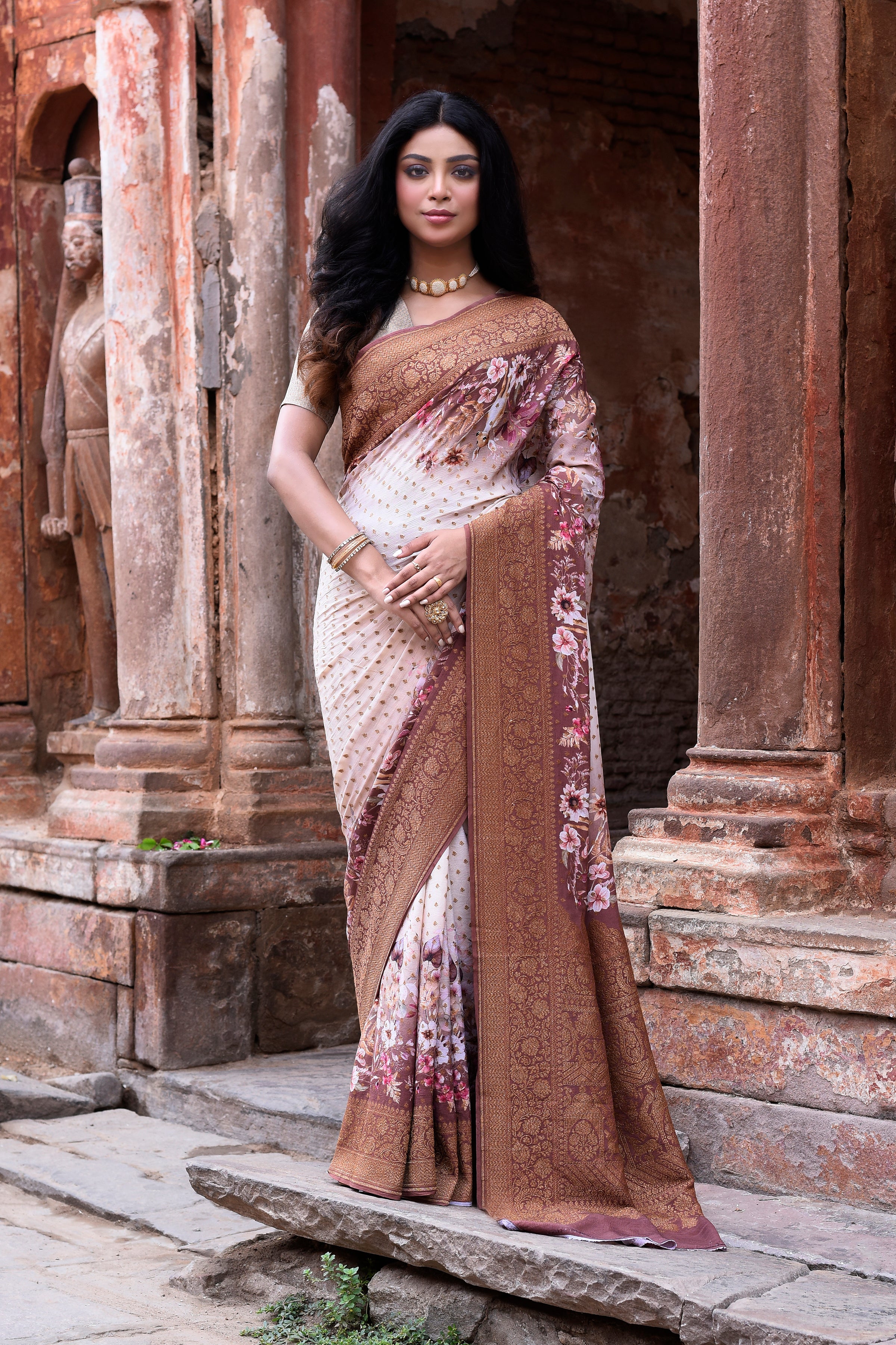 Ivory & Dusky Rose Banarasi Crape Chiffon Silk Saree