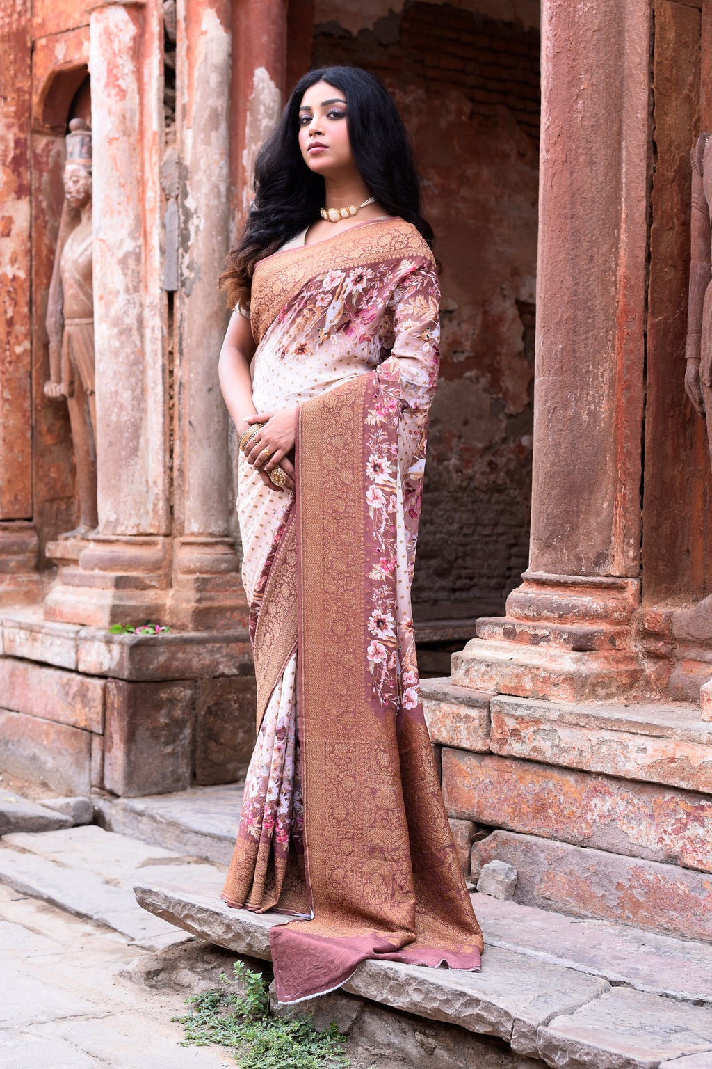 Ivory & Dusky Rose Banarasi Crape Chiffon Silk Saree