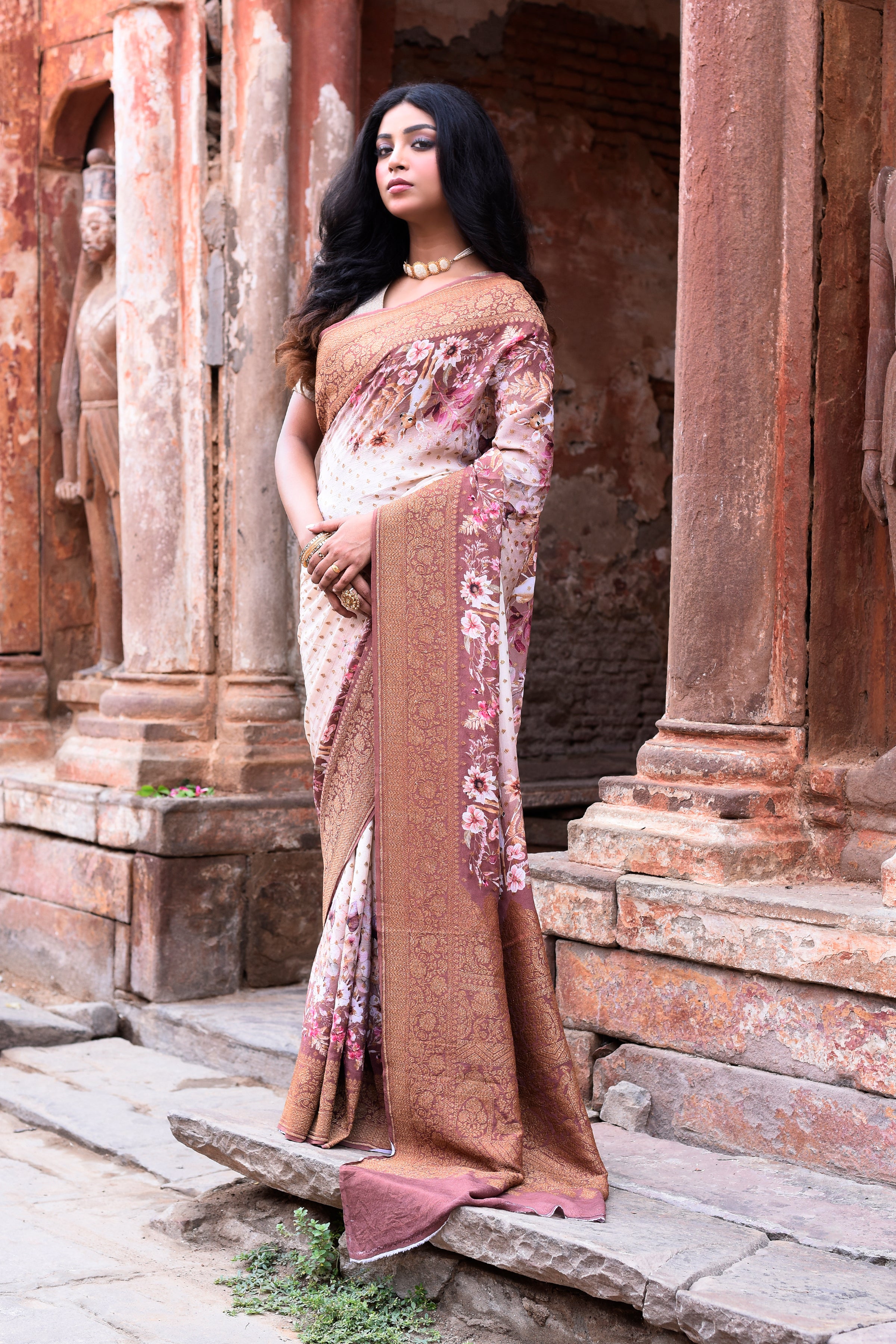 Ivory & Dusky Rose Banarasi Crape Chiffon Silk Saree