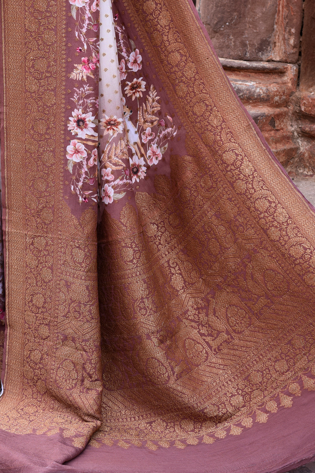 Ivory & Dusky Rose Banarasi Crape Chiffon Silk Saree