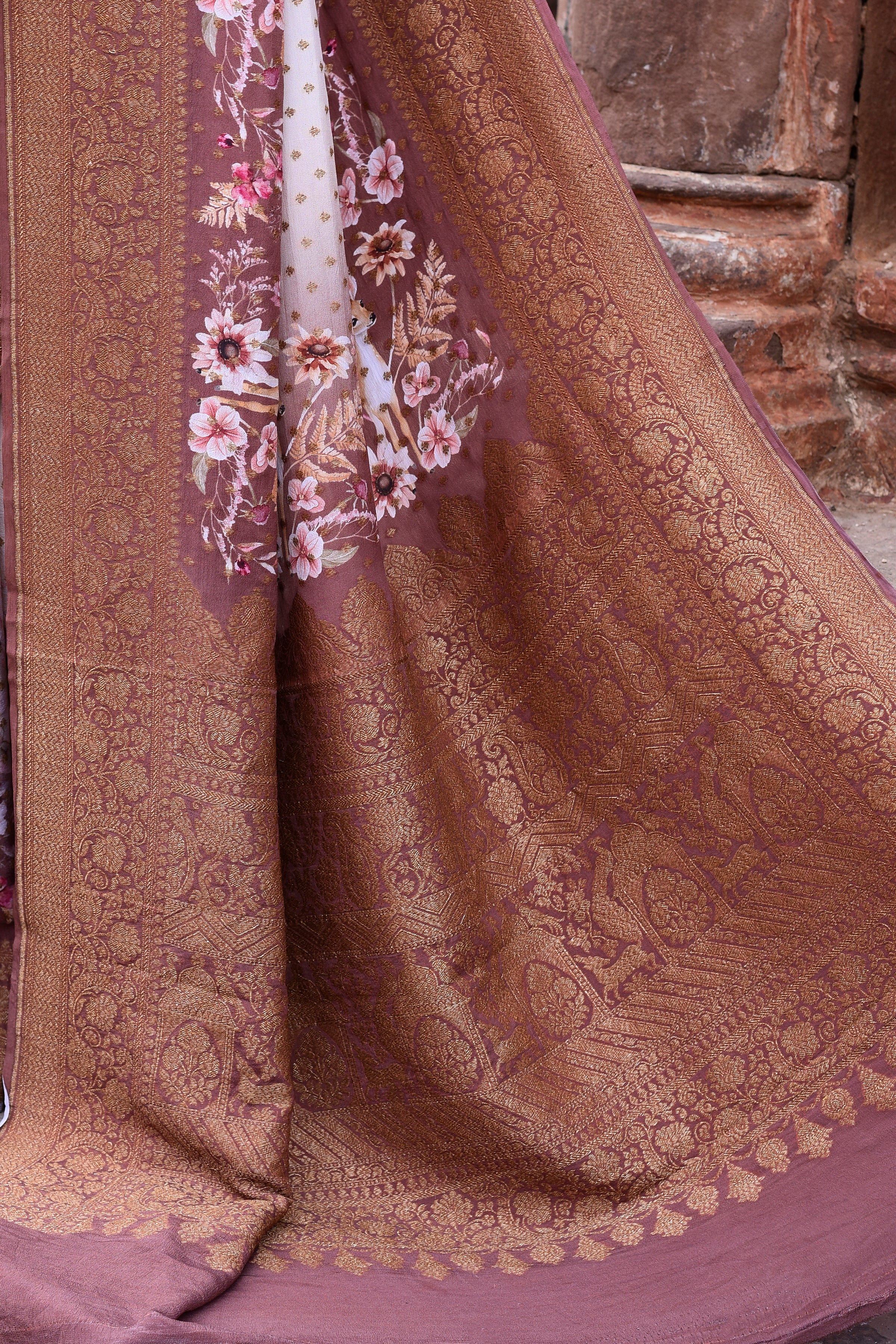 Ivory & Dusky Rose Banarasi Crape Chiffon Silk Saree