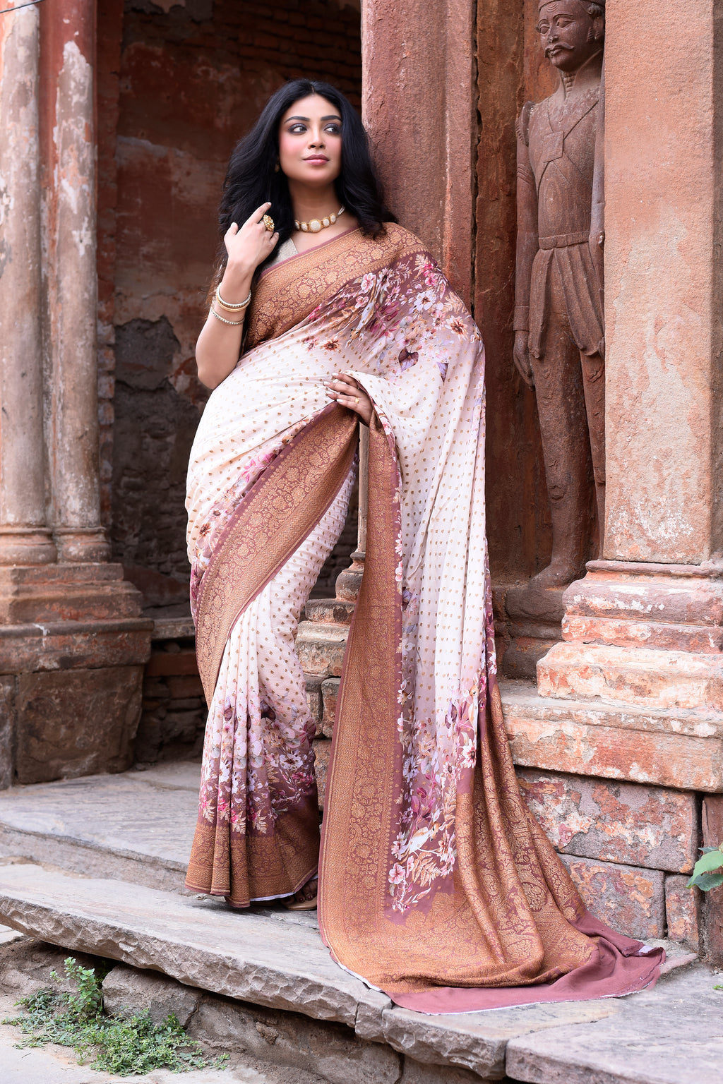 Ivory & Dusky Rose Banarasi Crape Chiffon Silk Saree