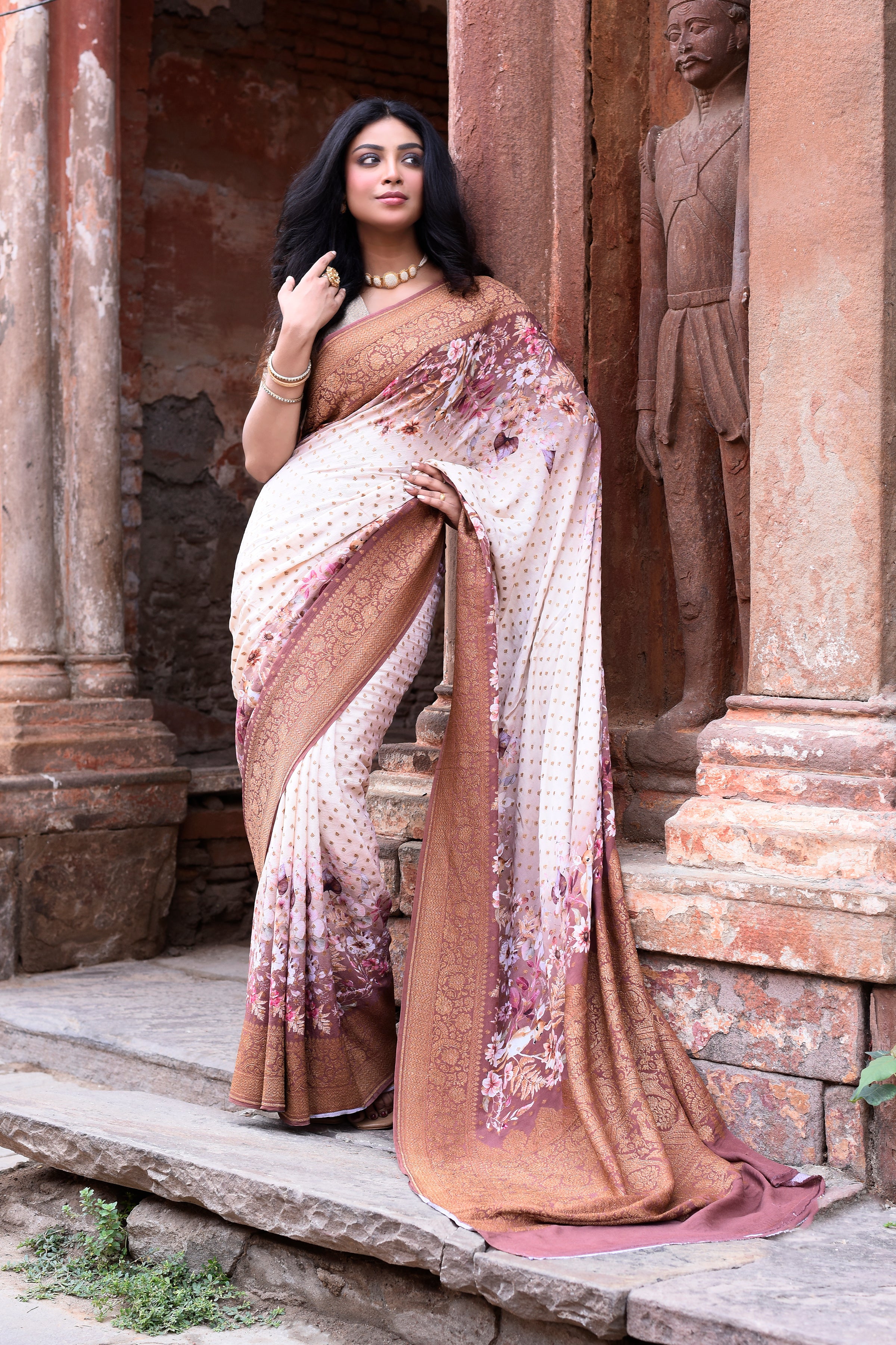 Ivory & Dusky Rose Banarasi Crape Chiffon Silk Saree