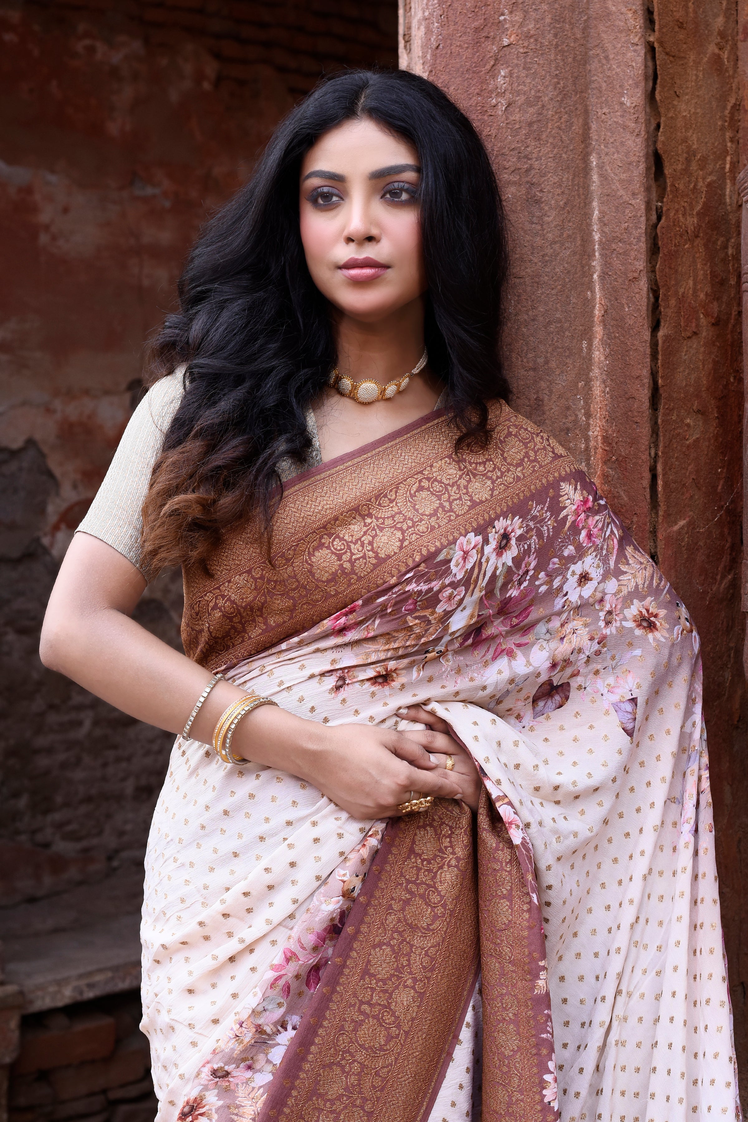 Ivory & Dusky Rose Banarasi Crape Chiffon Silk Saree