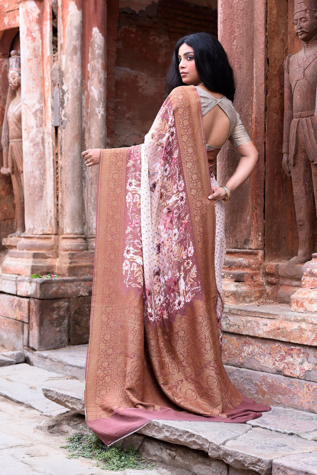 Ivory & Dusky Rose Banarasi Crape Chiffon Silk Saree