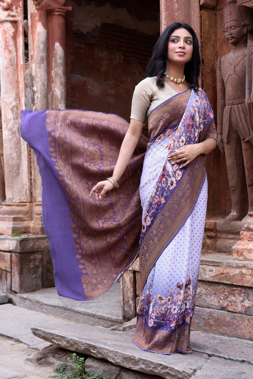 Orchid Purple Banarasi Crape Chiffon Silk Saree