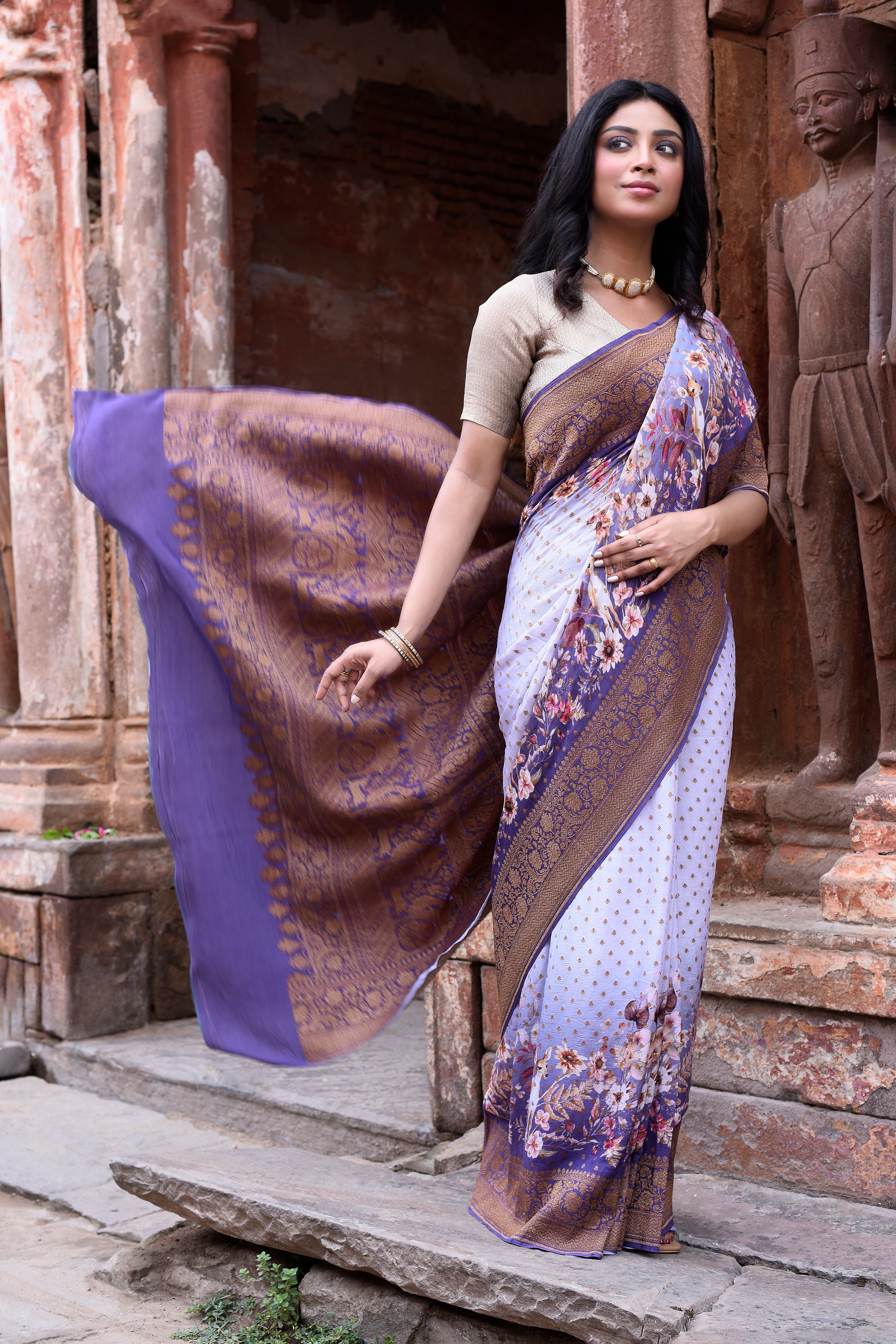 Orchid Purple Banarasi Crape Chiffon Silk Saree