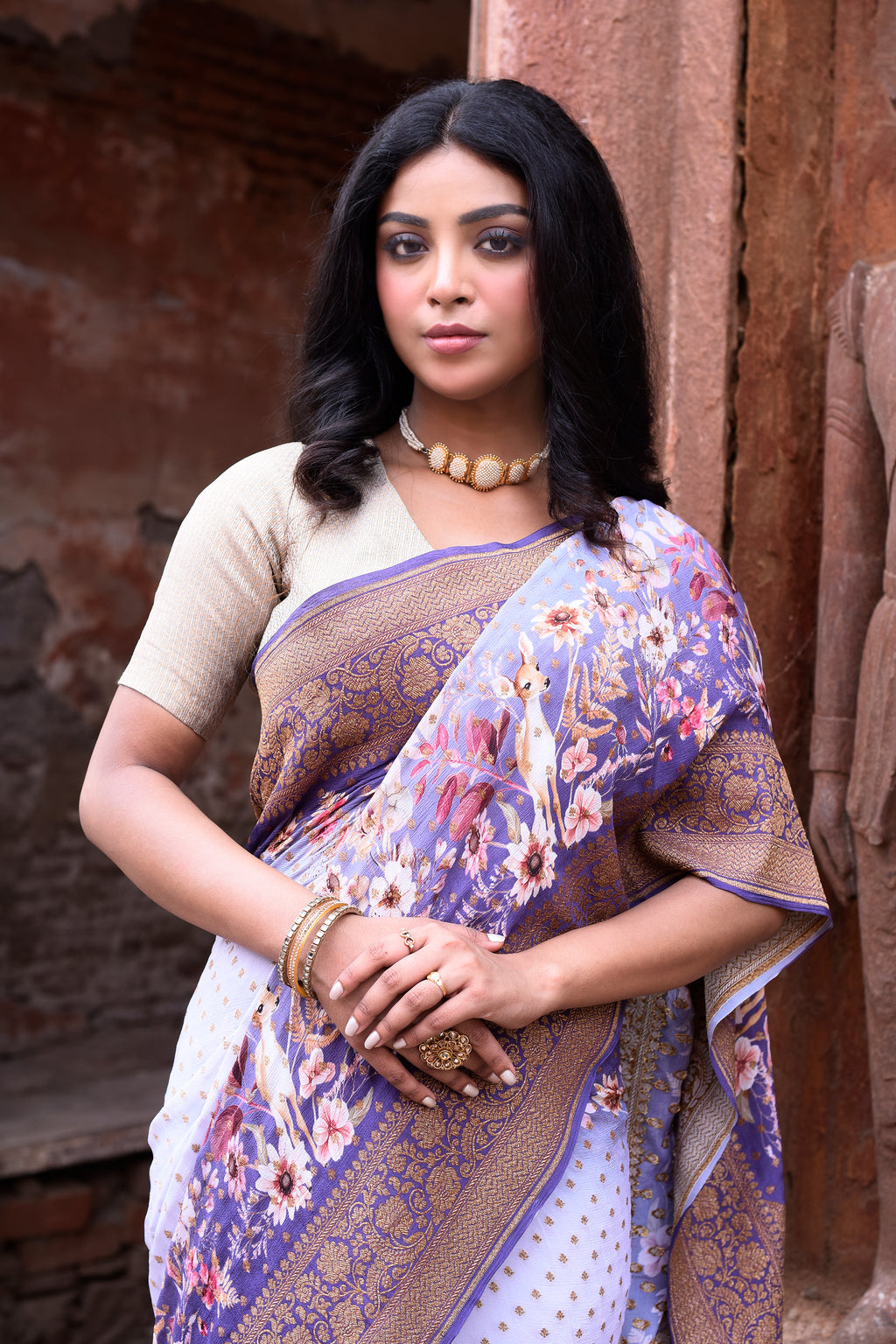 Orchid Purple Banarasi Crape Chiffon Silk Saree