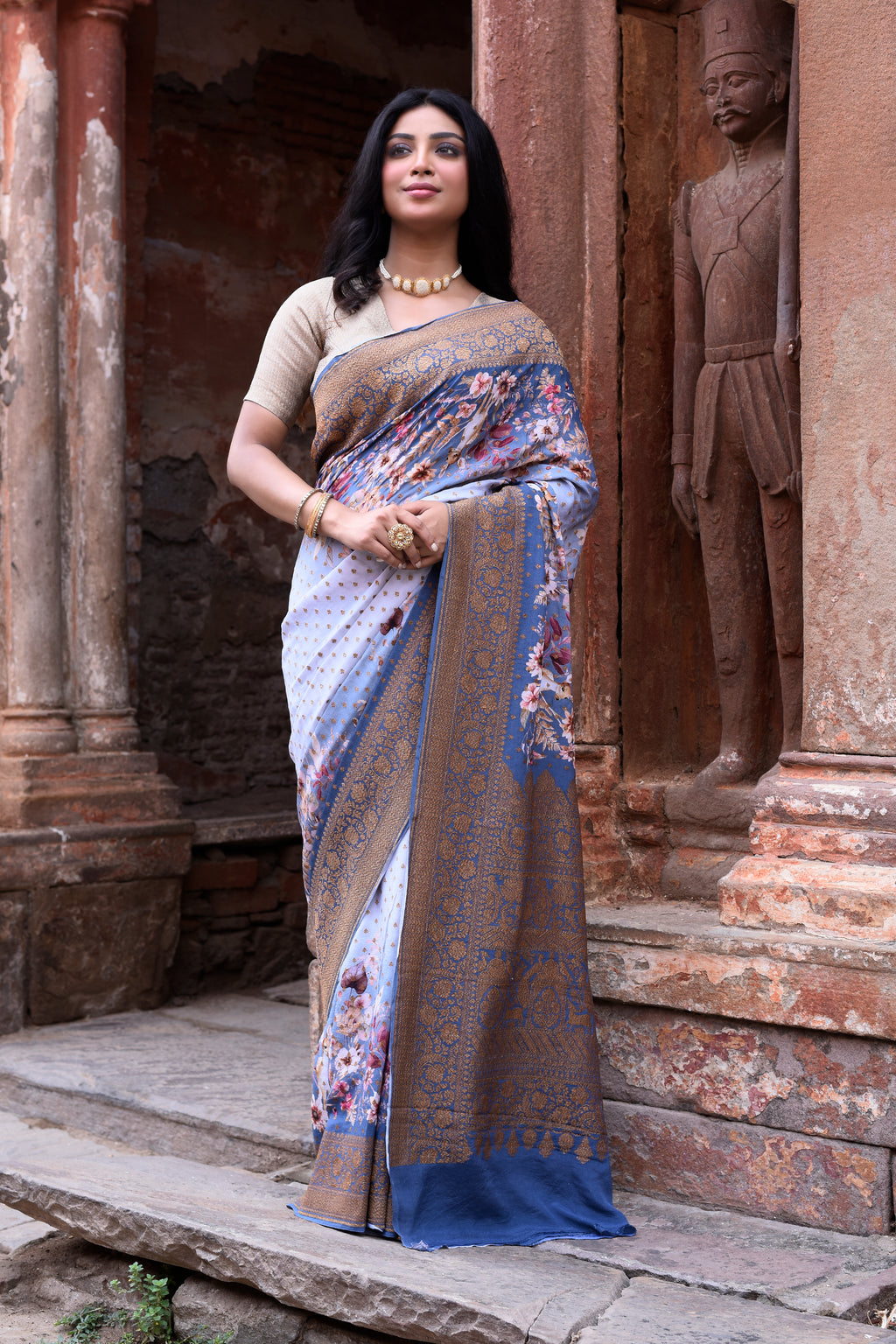 Dusky Blue Banarasi Crape Chiffon Silk Saree