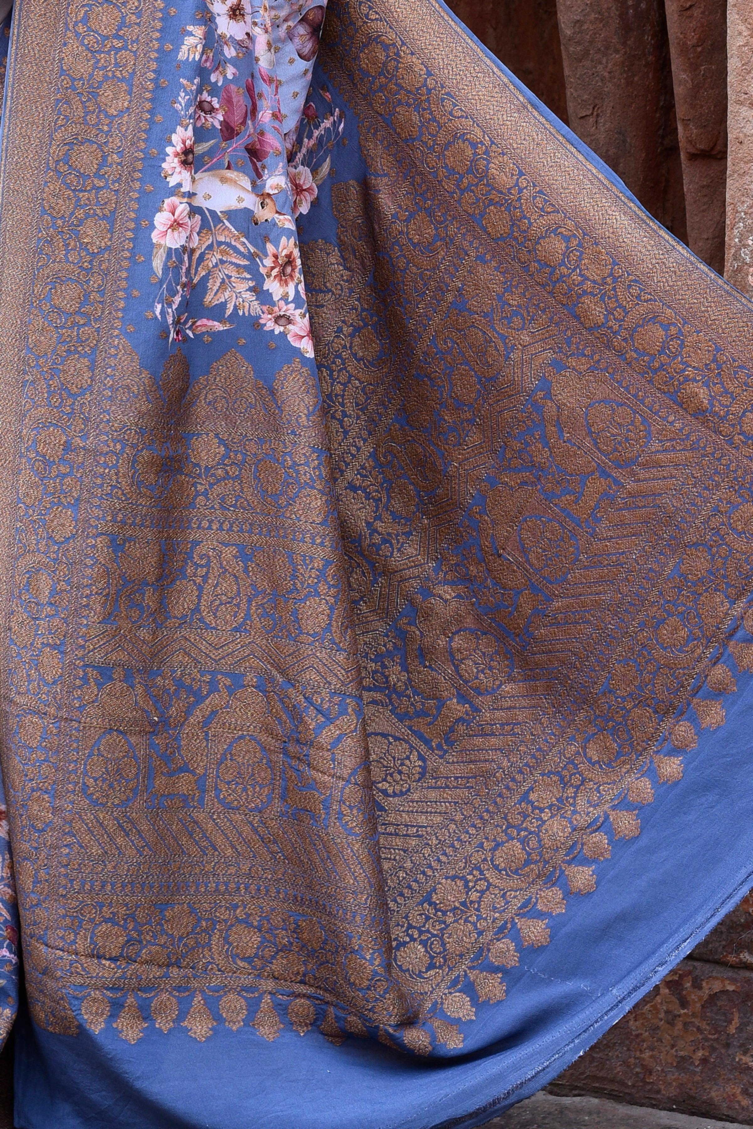 Dusky Blue Banarasi Crape Chiffon Silk Saree