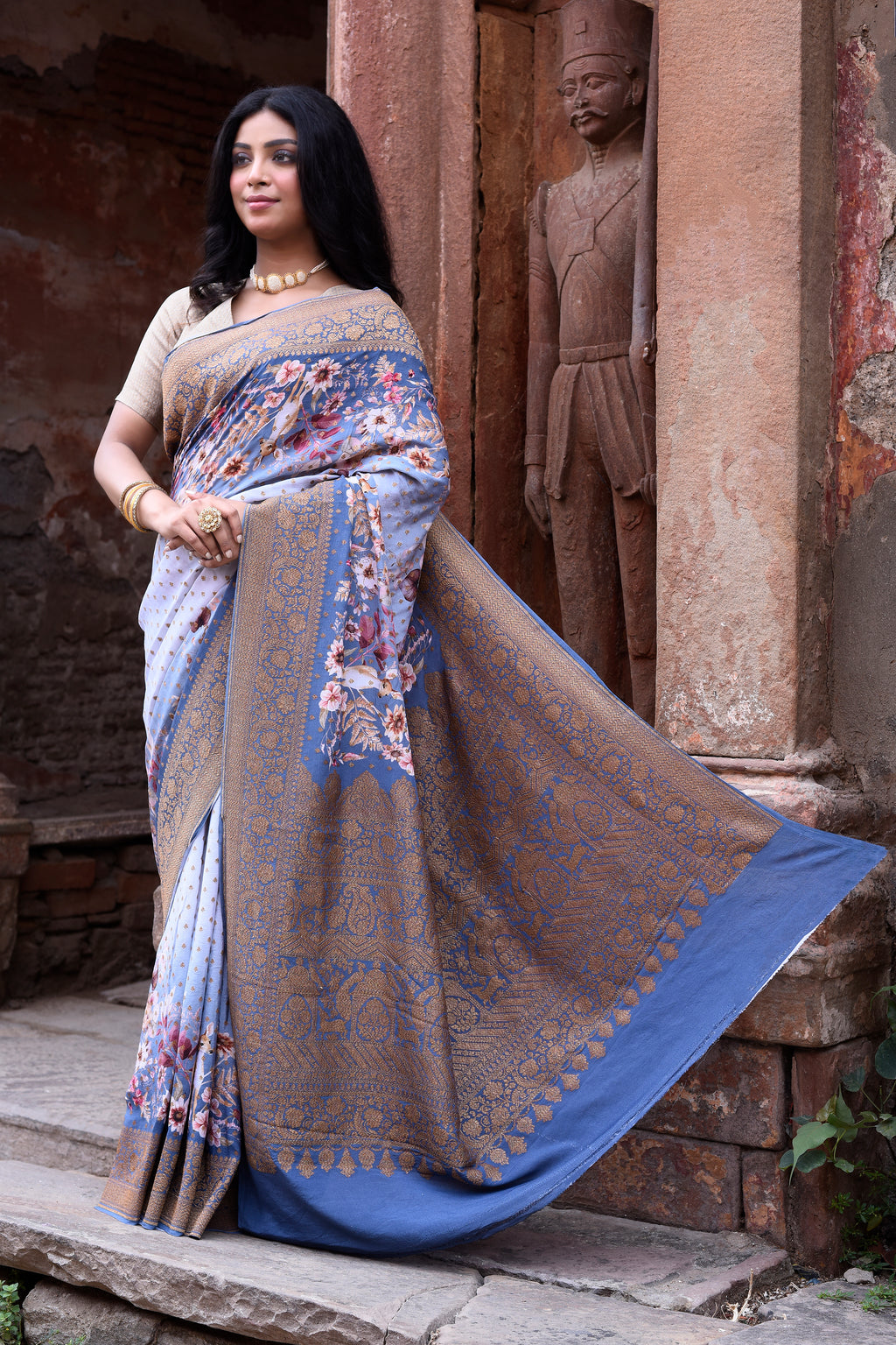 Dusky Blue Banarasi Crape Chiffon Silk Saree