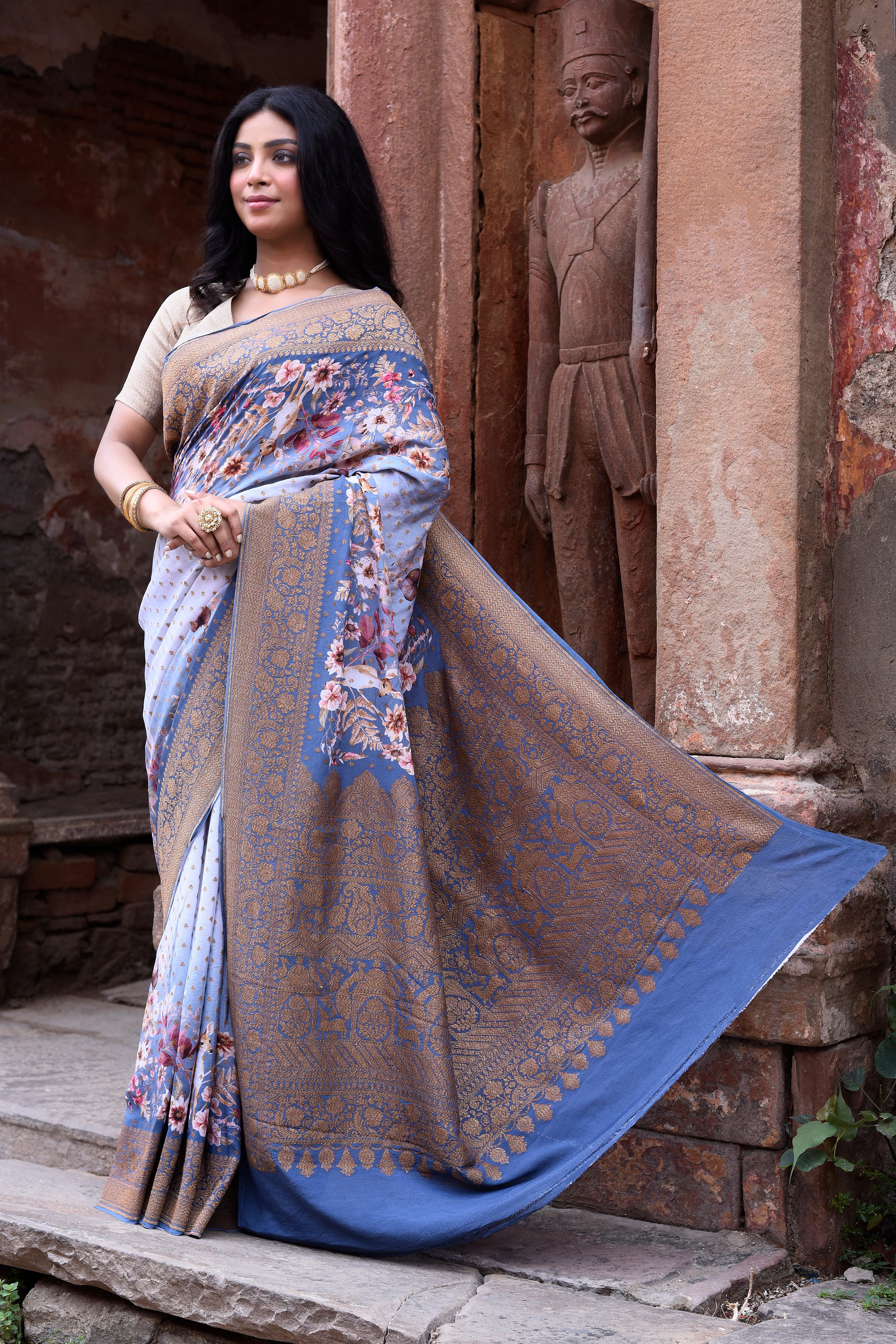 Dusky Blue Banarasi Crape Chiffon Silk Saree