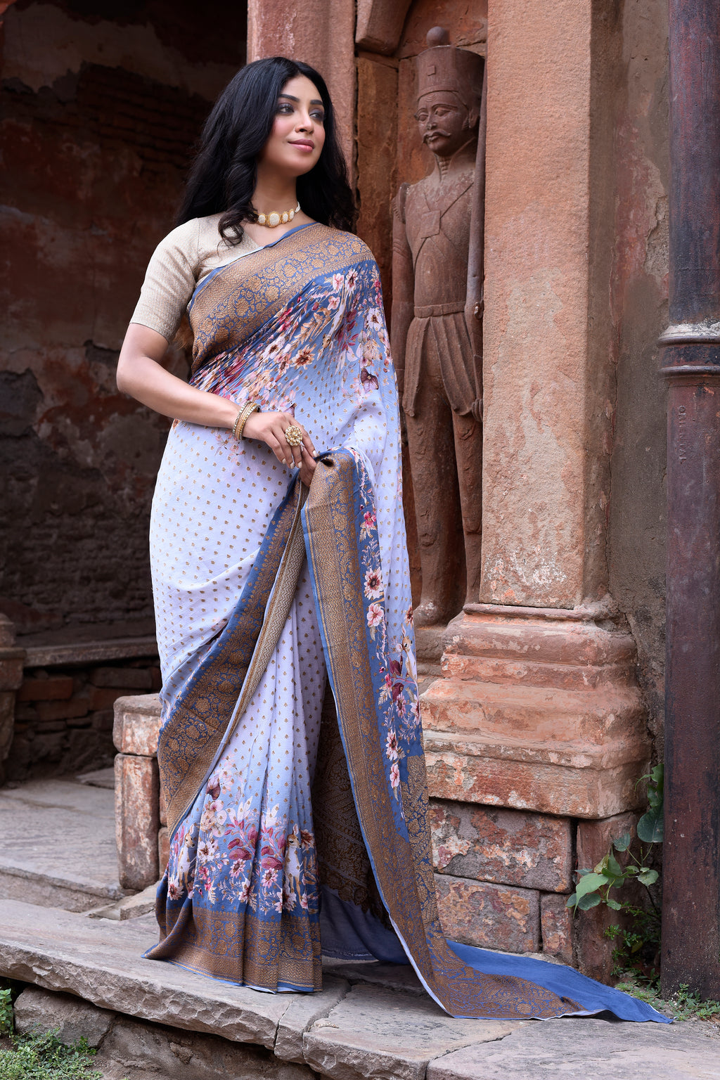 Dusky Blue Banarasi Crape Chiffon Silk Saree