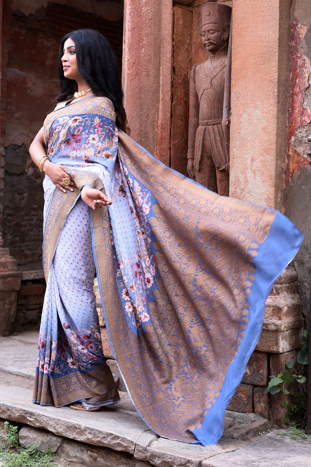 Dusky Blue Banarasi Crape Chiffon Silk Saree