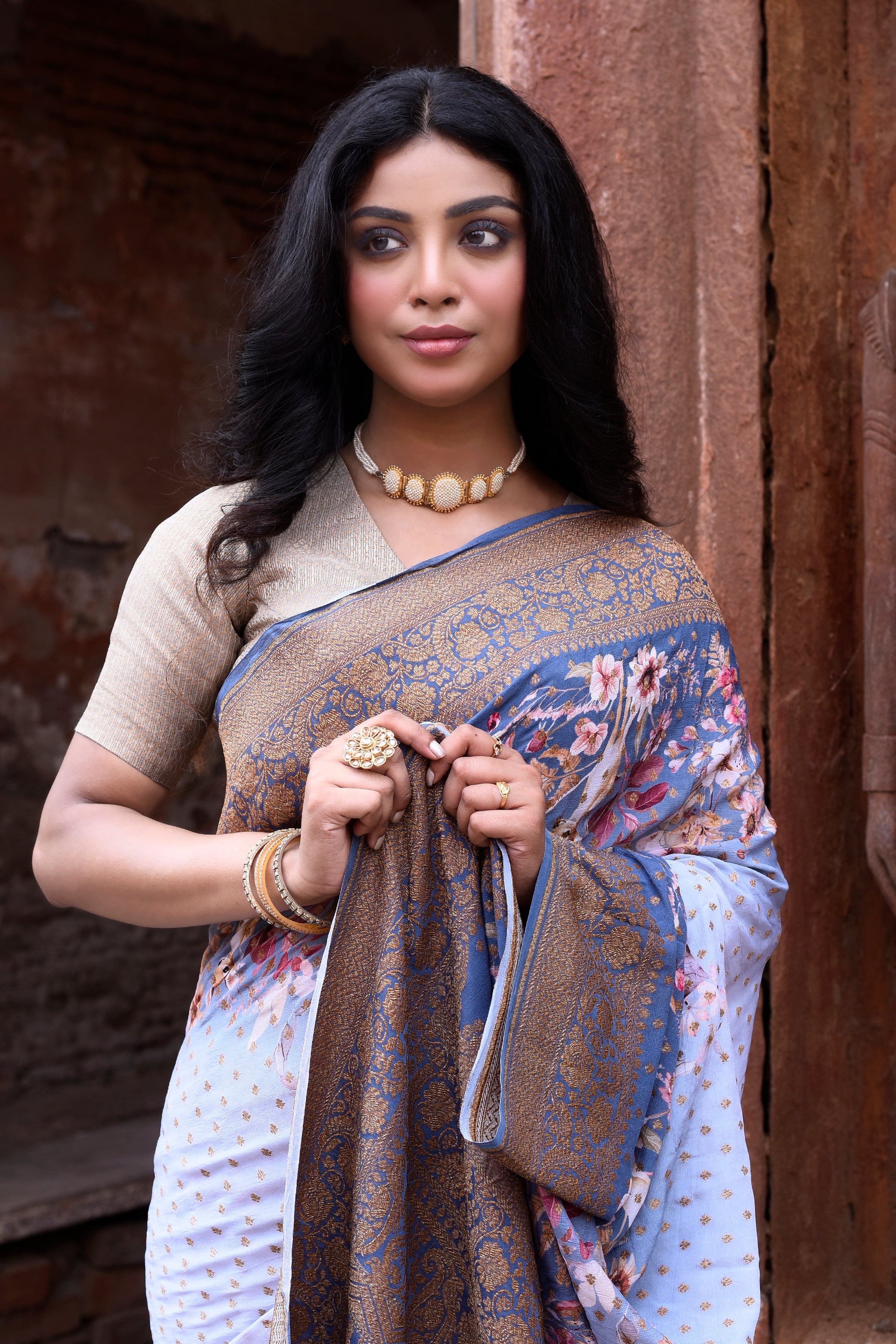 Dusky Blue Banarasi Crape Chiffon Silk Saree
